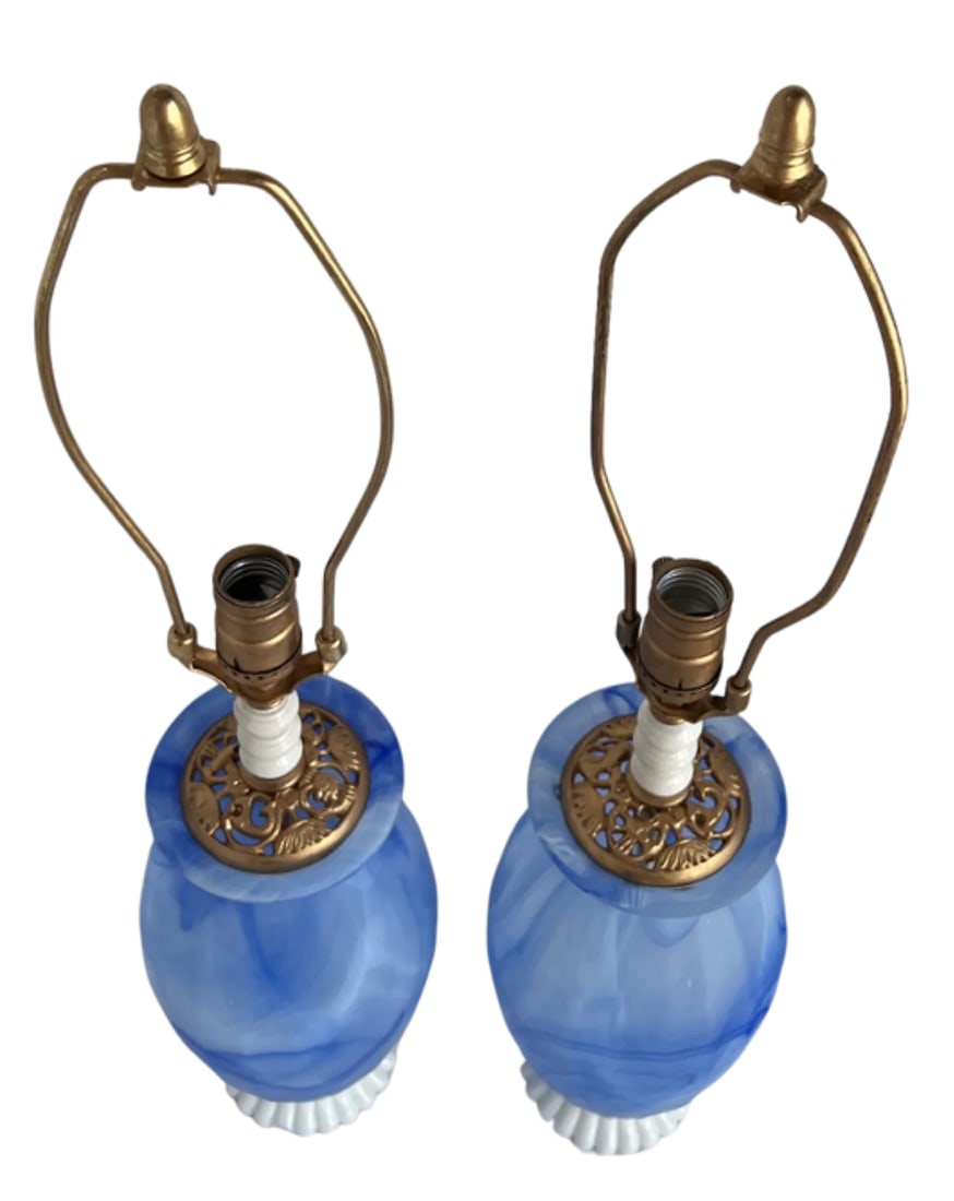 Art Glass Vetreria Swirl Frosted Blue Milk Glass Table Lamps- A Pair - 8