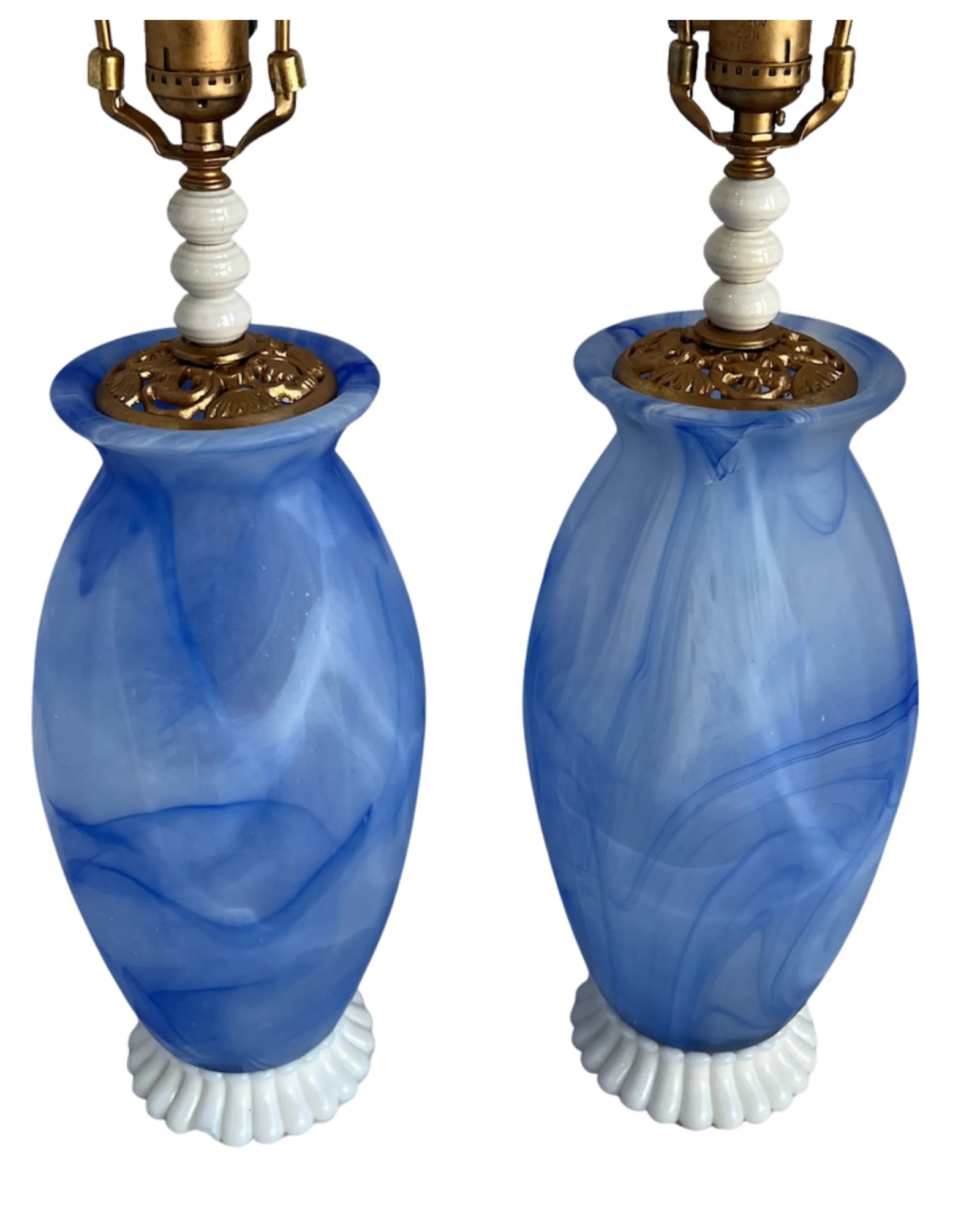 Art Glass Vetreria Swirl Frosted Blue Milk Glass Table Lamps- A Pair - 9