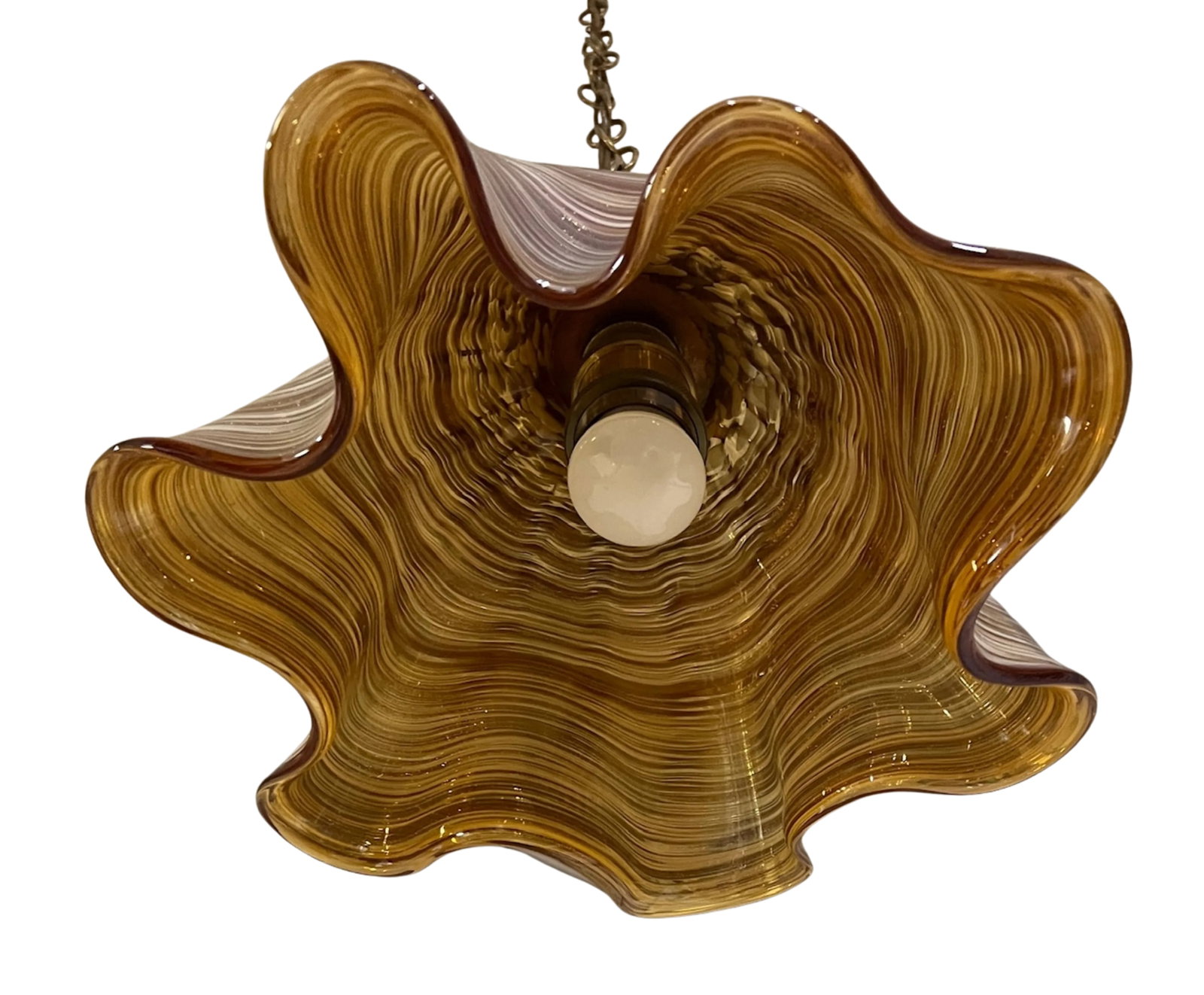 Murano Ruffled Amber Brown Striated Art Glass Pendant Light - 11