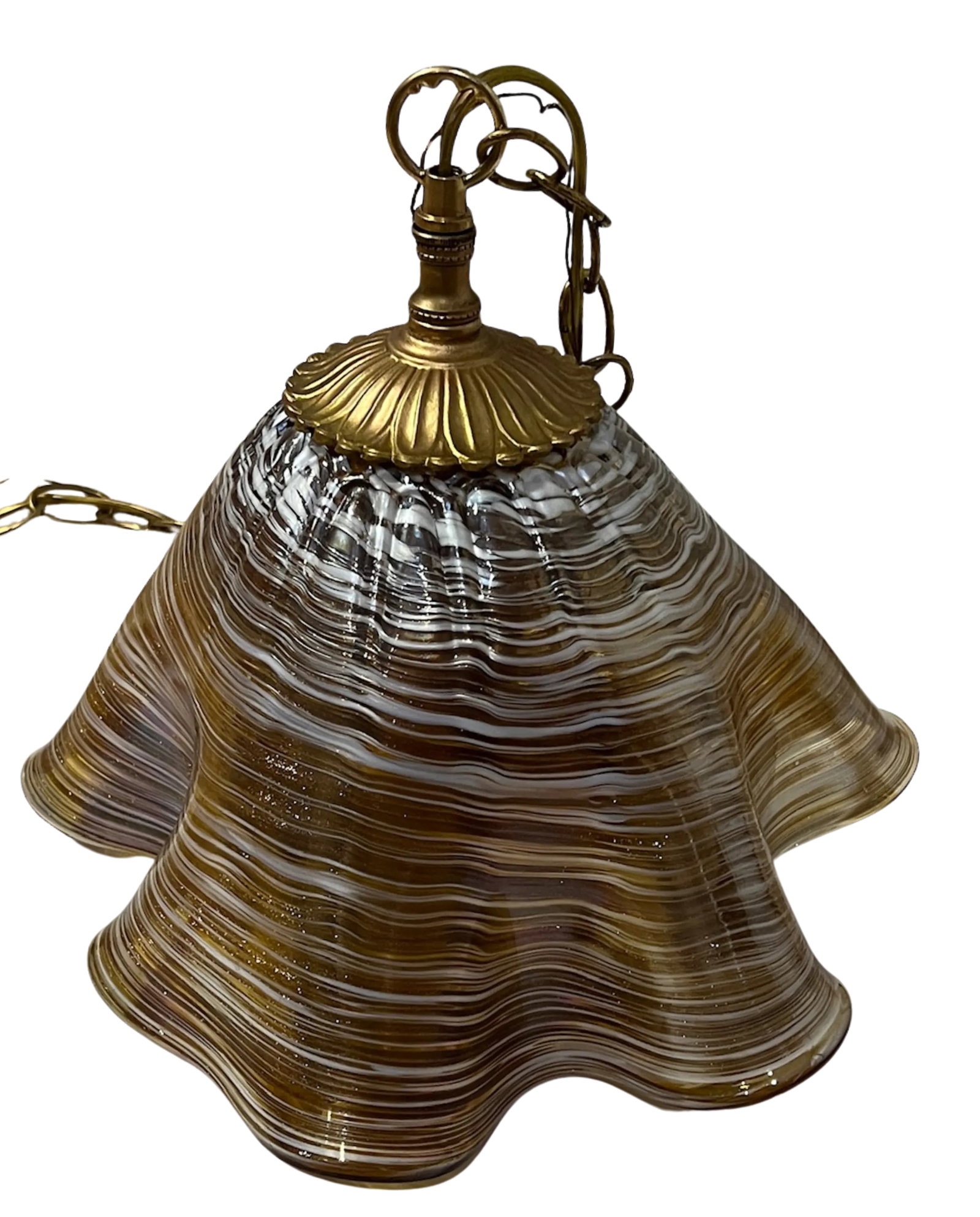 Murano Ruffled Amber Brown Striated Art Glass Pendant Light - 14