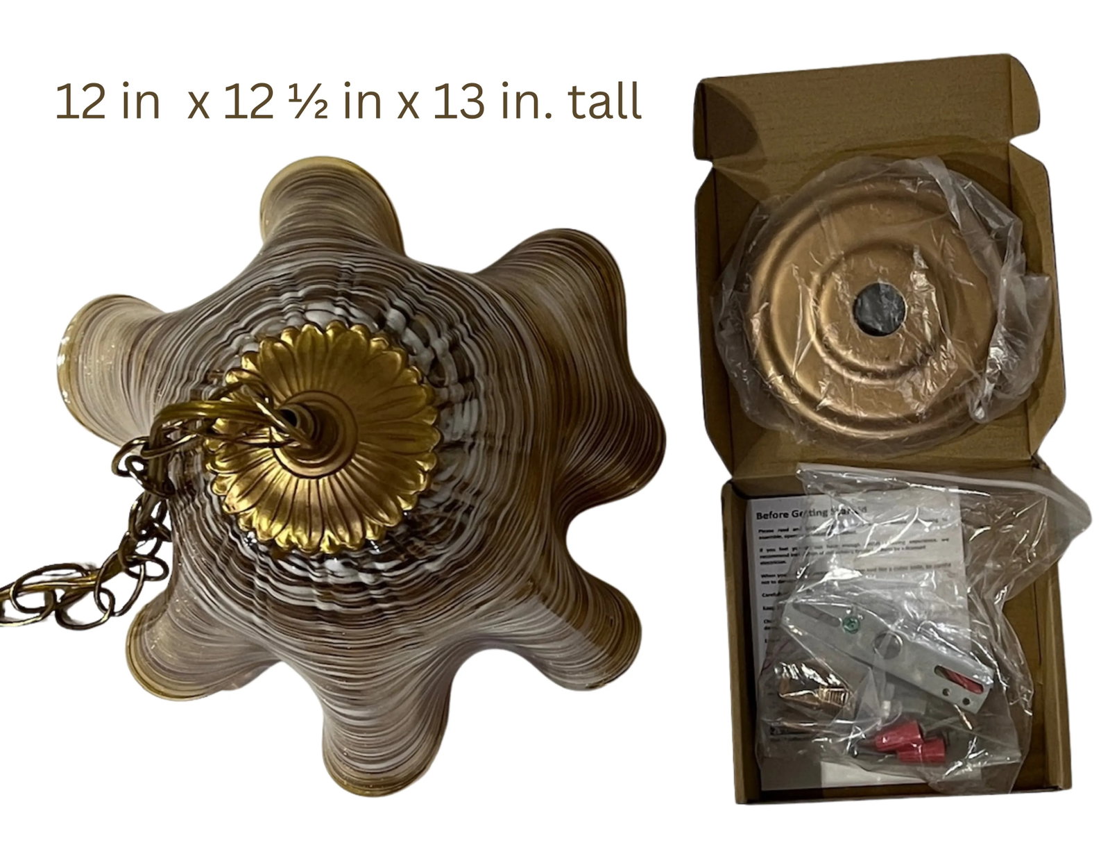 Murano Ruffled Amber Brown Striated Art Glass Pendant Light - 18