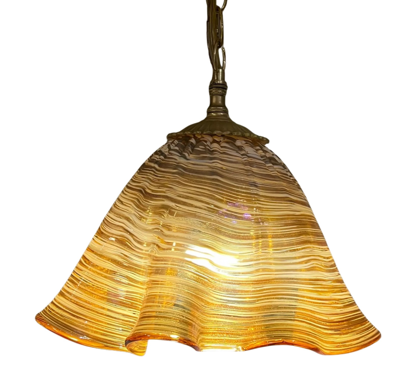 Murano Ruffled Amber Brown Striated Art Glass Pendant Light - 3