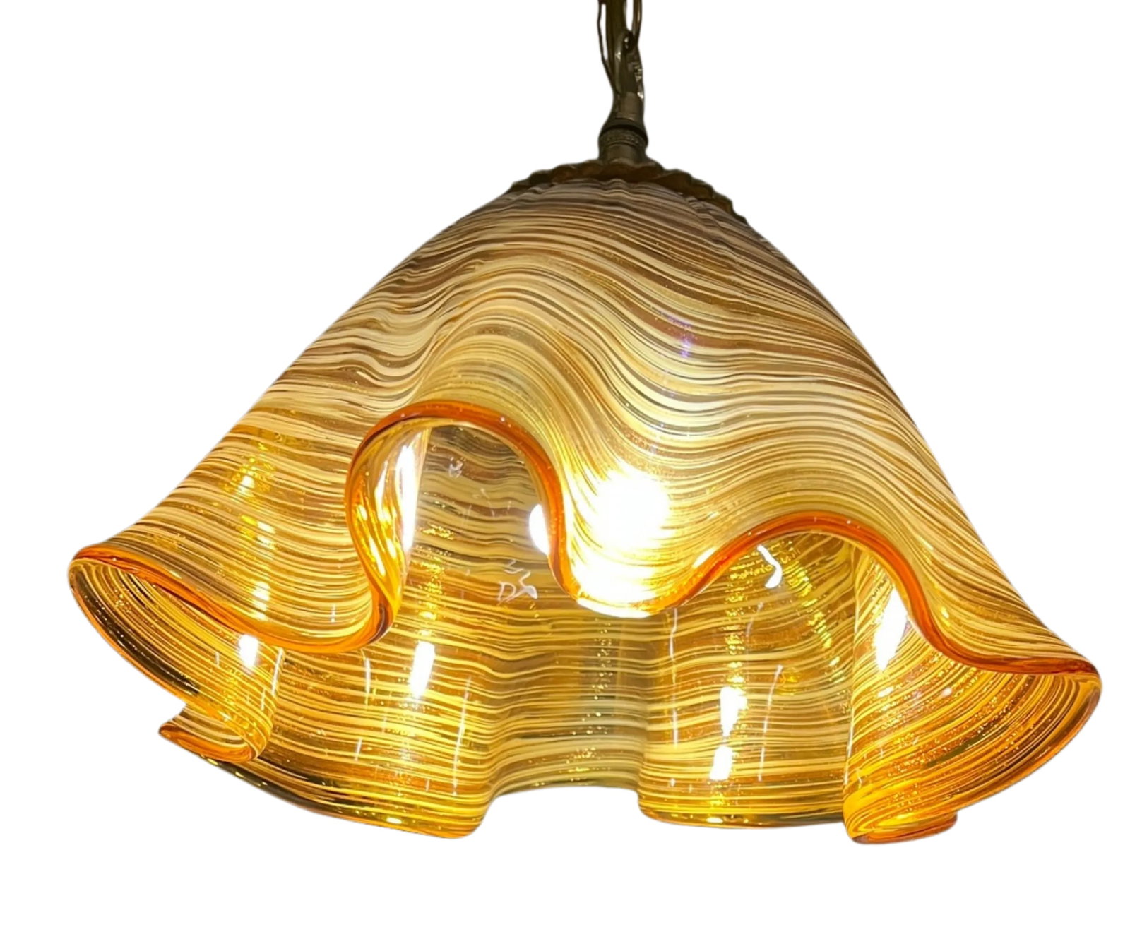 Murano Ruffled Amber Brown Striated Art Glass Pendant Light - 4
