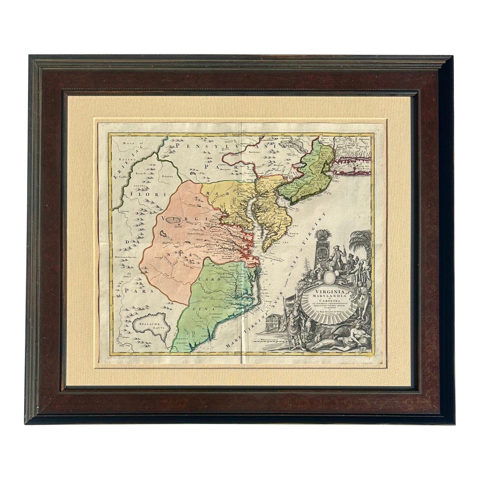 Virginia Maryland & Carolinas by Homman Circa 1720: Original copper engraving by JB Homann, Nuremberg, circa 1720. Titled: Virginia Marylandia et Carolina In America Septentrionali Britannorum industria exculta repraesentate. Homann's map depicts the