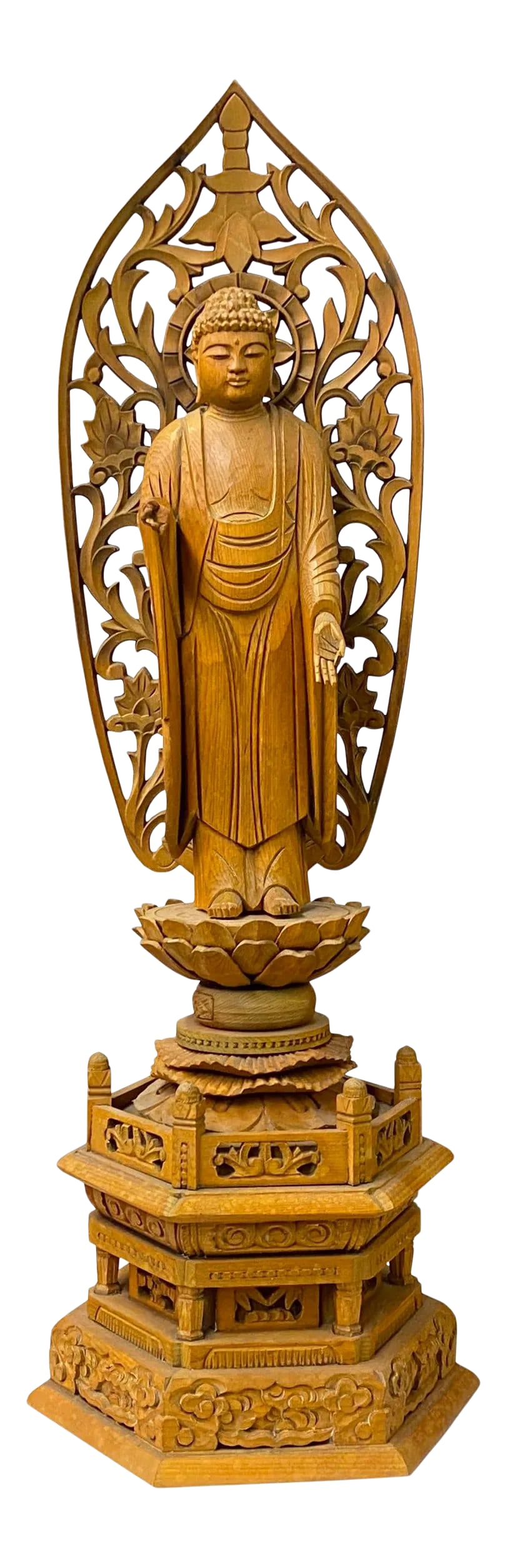 Chinese Sandal Wood Lotus Base Abhaya Mudra Buddha Statue: This is a wooden standing Buddha statue carved from sandalwood with original wood color. The lotus base pedestal and the ornamental carved back panel enhance the serenity of the statue. It has Abhaya