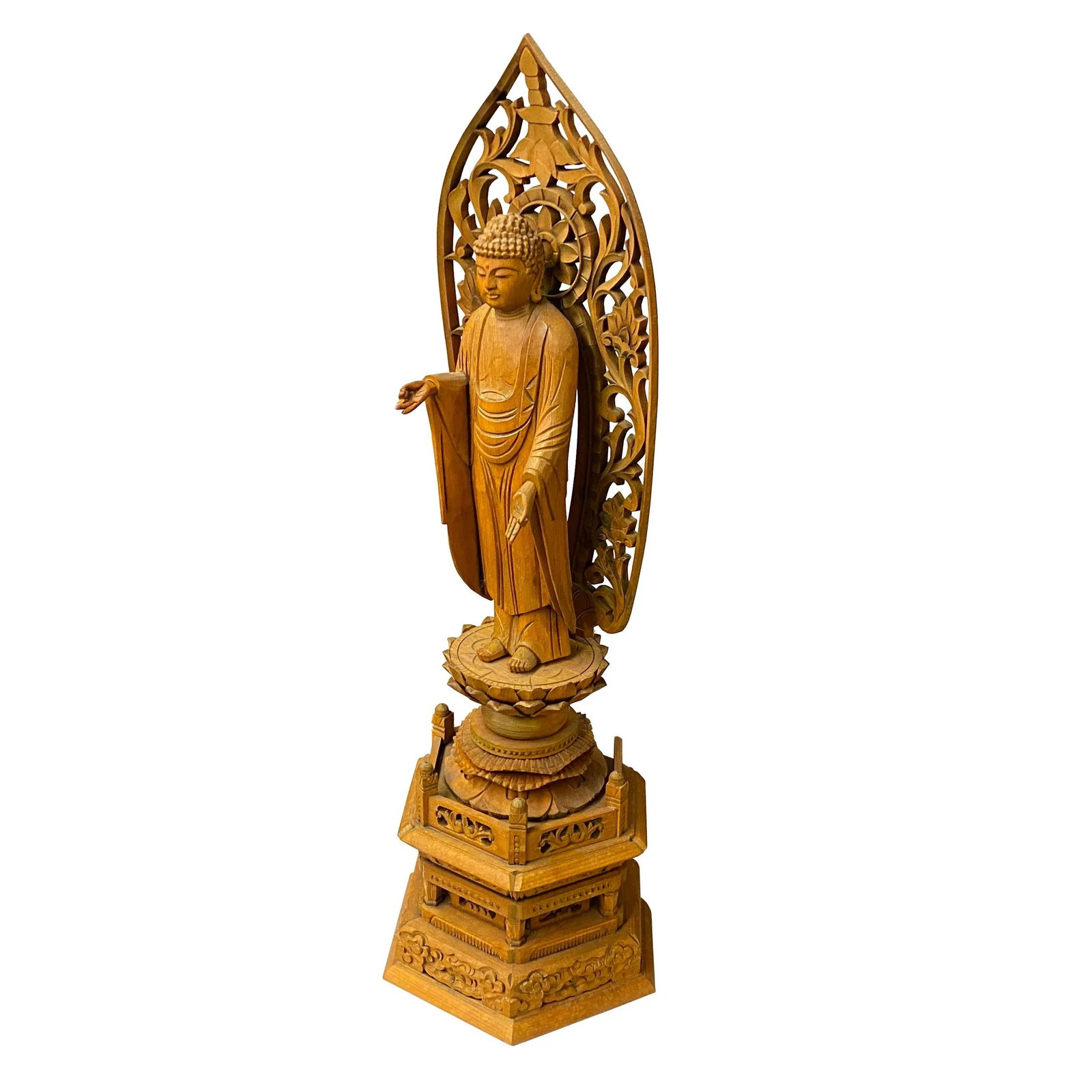 Chinese Sandal Wood Lotus Base Abhaya Mudra Buddha Statue - 3