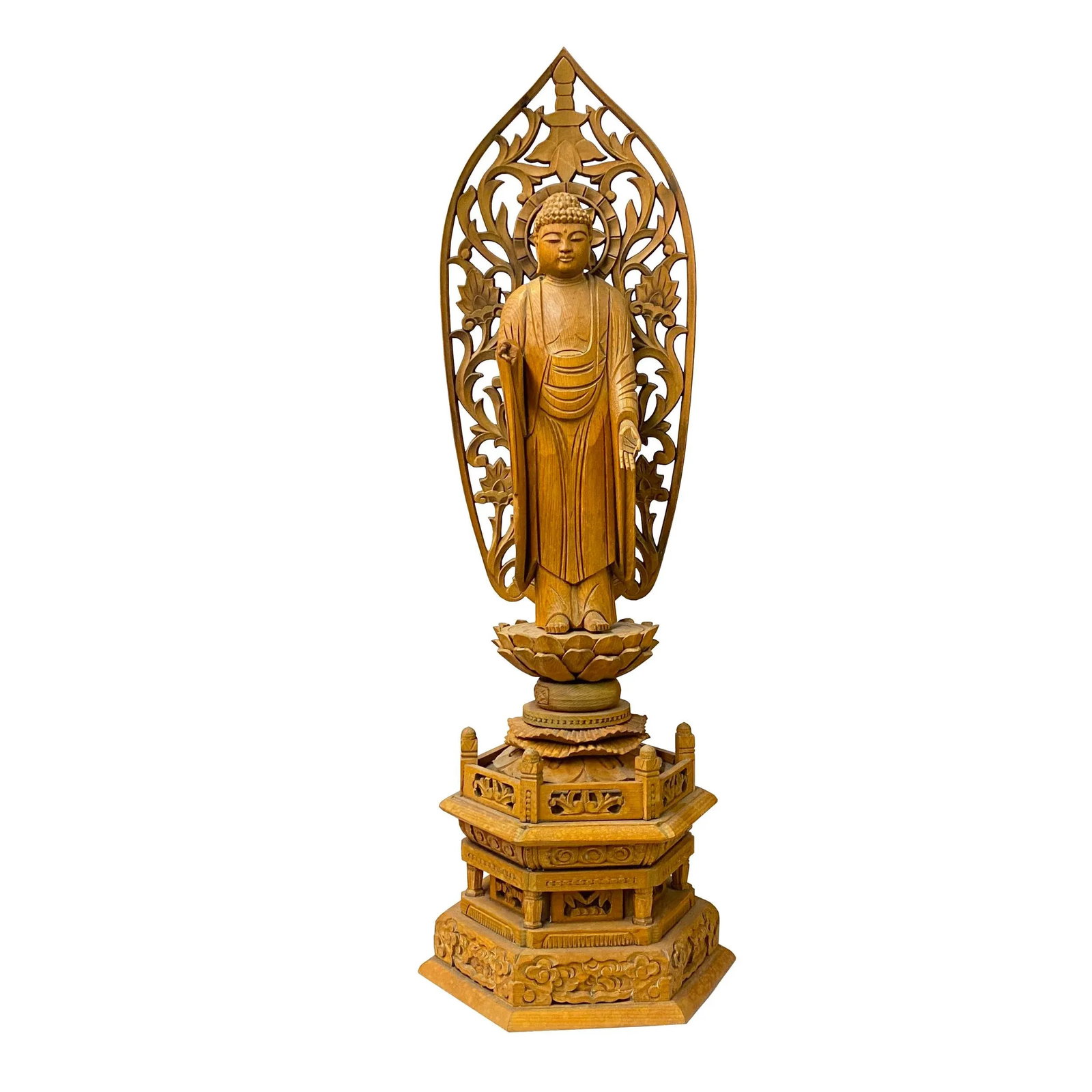 Chinese Sandal Wood Lotus Base Abhaya Mudra Buddha Statue - 6