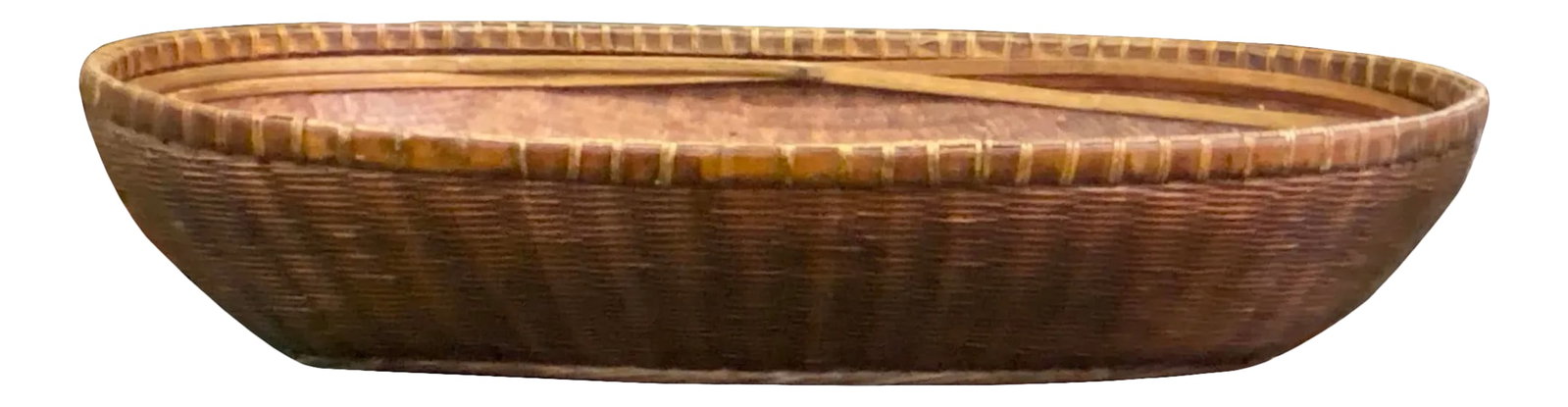 Oriental Vintage Restored Light Brown Rattan Oval Basket Tray: This is a traditional oriental rattan basket tray in a long oval shape. It has a nice brown color with a wear-out patina. Dimensions: 37" x 23"x h8" Origin: China Material: Wood & Rattan Condition: ha