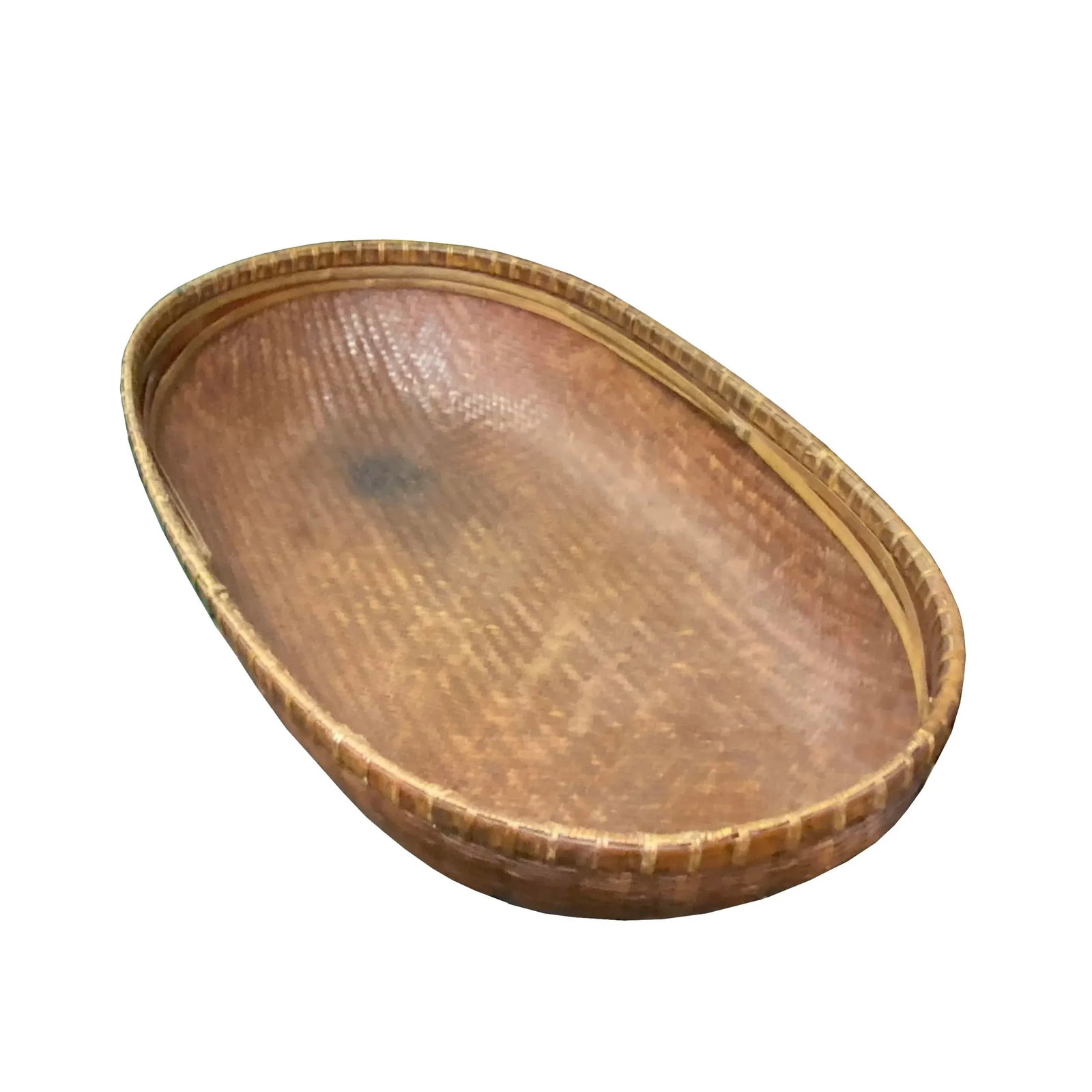Oriental Vintage Restored Light Brown Rattan Oval Basket Tray - 2