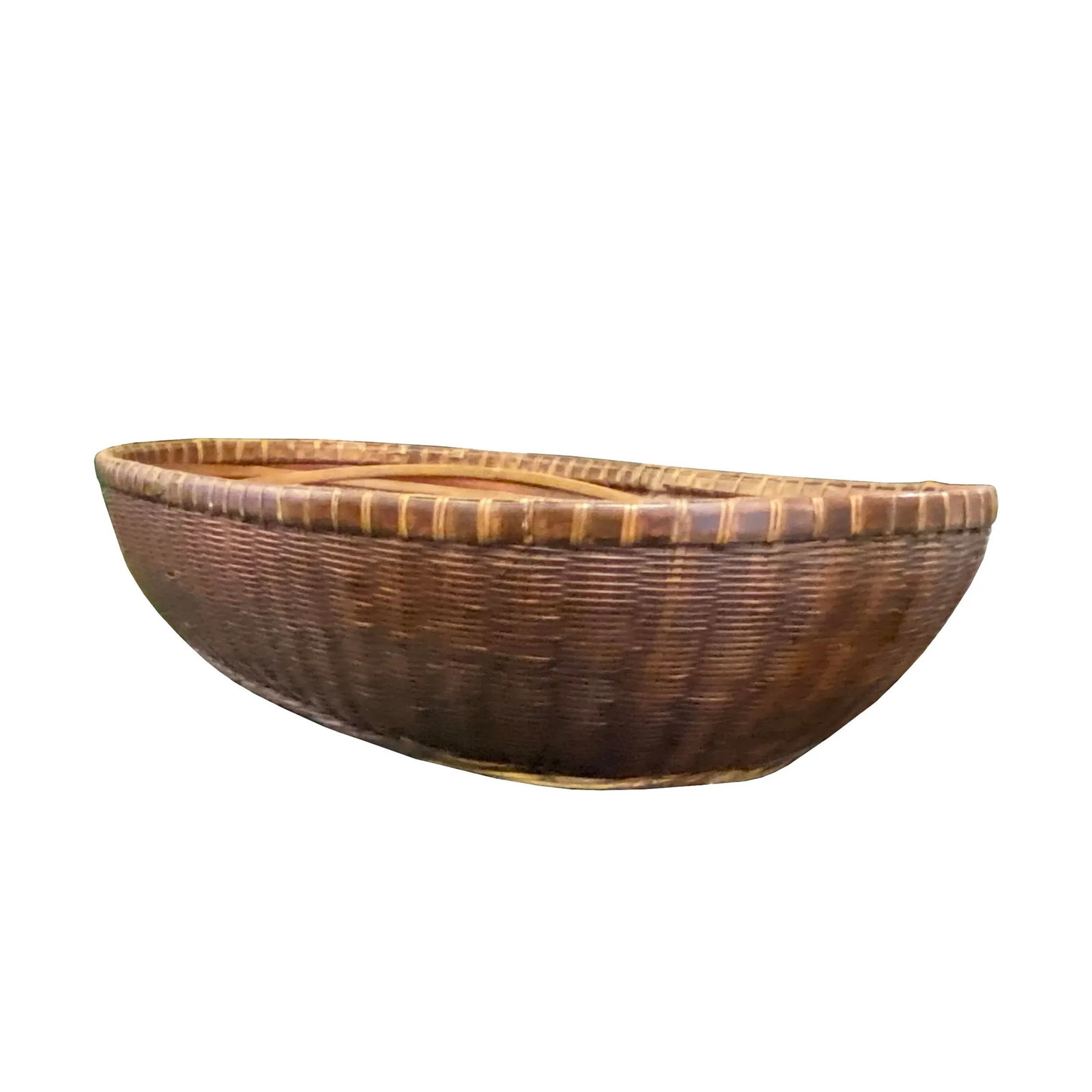 Oriental Vintage Restored Light Brown Rattan Oval Basket Tray - 5