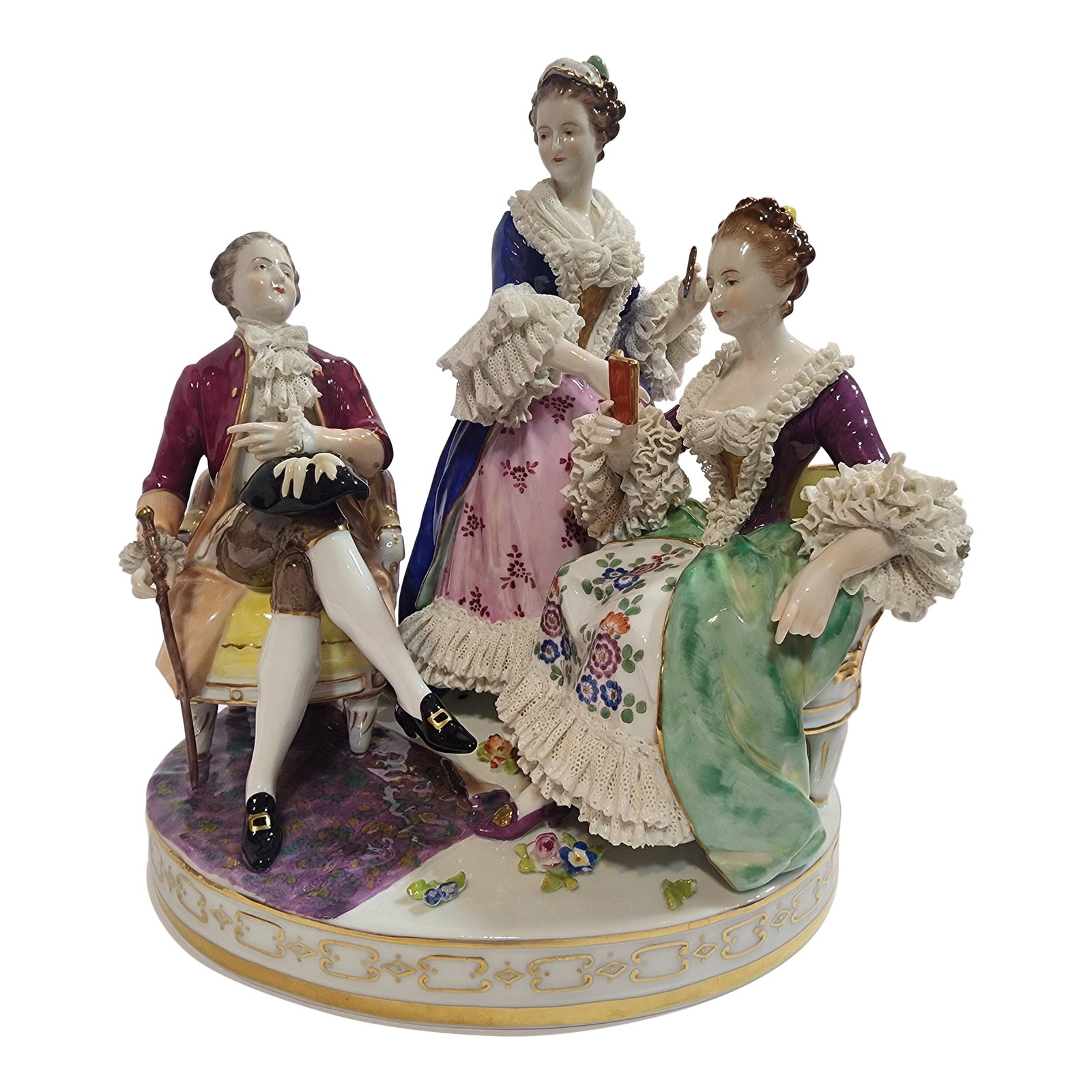 19th Century Dresden Lace La' Toilette Porcelain Figurine: HOME INSPIRATIONS IS PROUE TO OFFER This Beautiful Antique piece in Excellent Condition. Shows a gentleman waiting patiently for his lady as her Maid finishes up her couiffure. Meticulously cared for