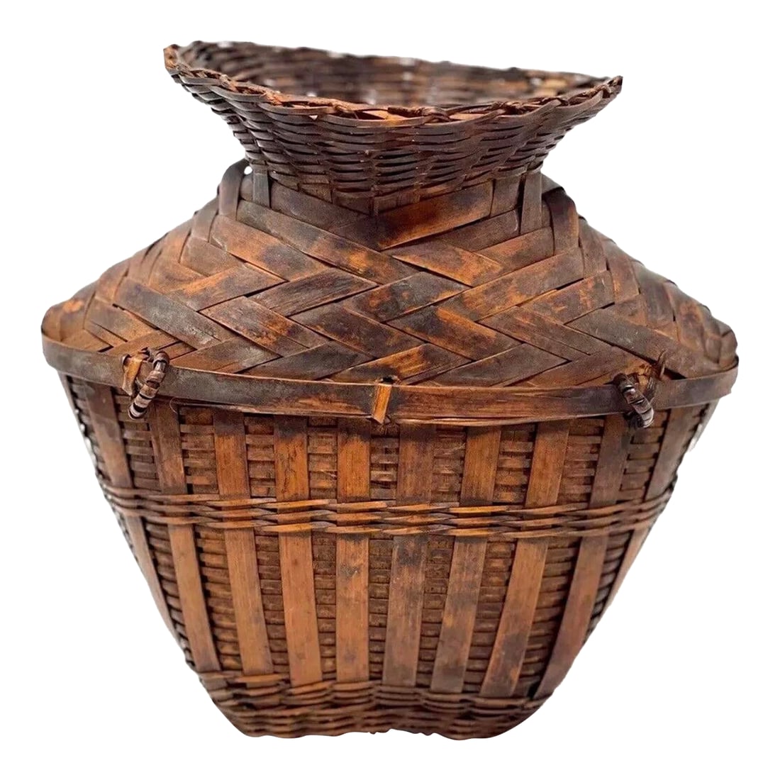 Mid 20th Century Asian Bamboo Woven Gathering Basket: 20th C Asian bamboo grain gathering basket. Handmade rattan straps weaved tightly makes this bottle neck design fully functional for grain, berry collecting. Natural patina shows this basket saw plent