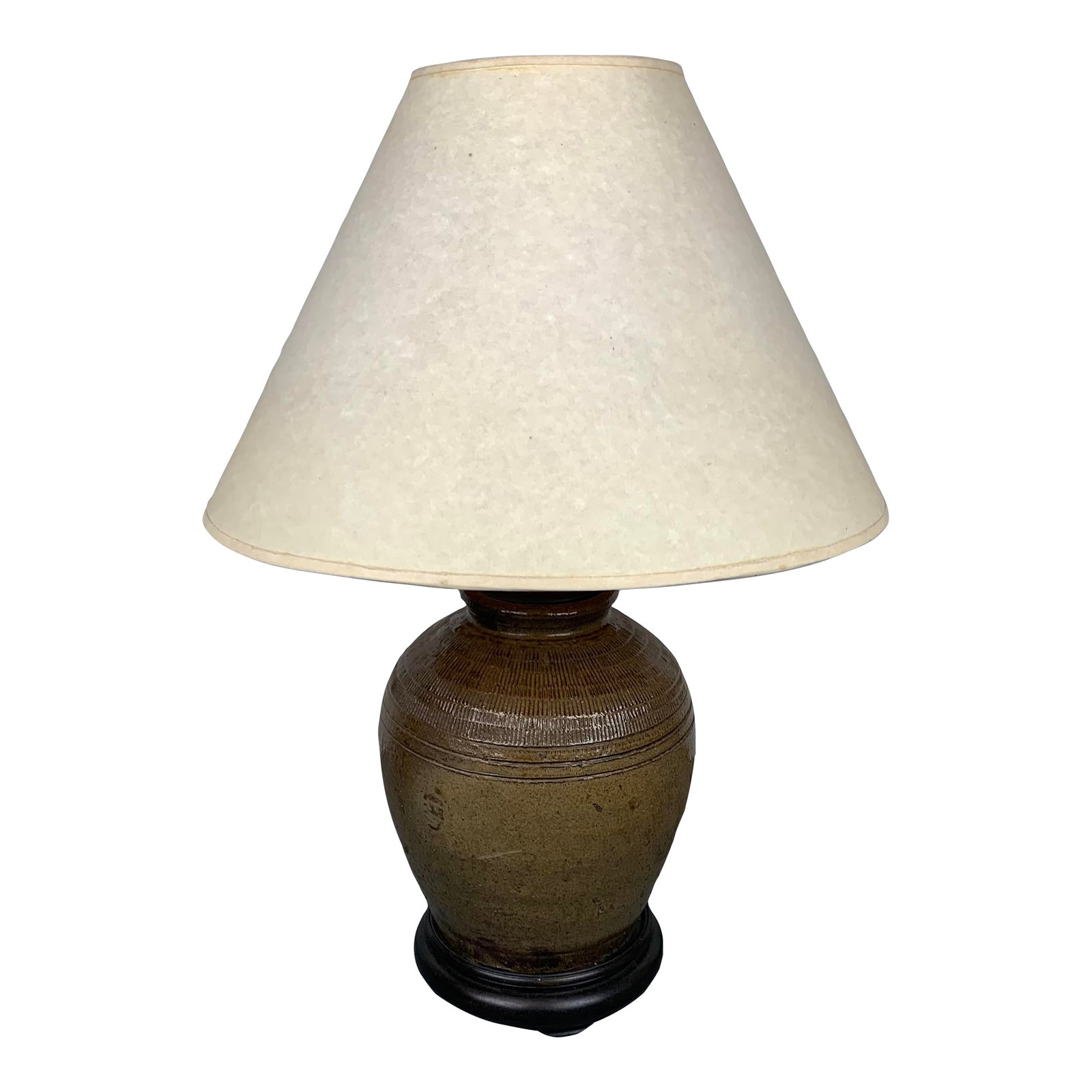 Vintage Clay Jar Lamp: Vintage Clay Jar Lamp with cone shade. From the collection of Bob and Dolores Hope from their estate located in Toluca Lake, California. Condition: Alterations: Original Condition Unaltered