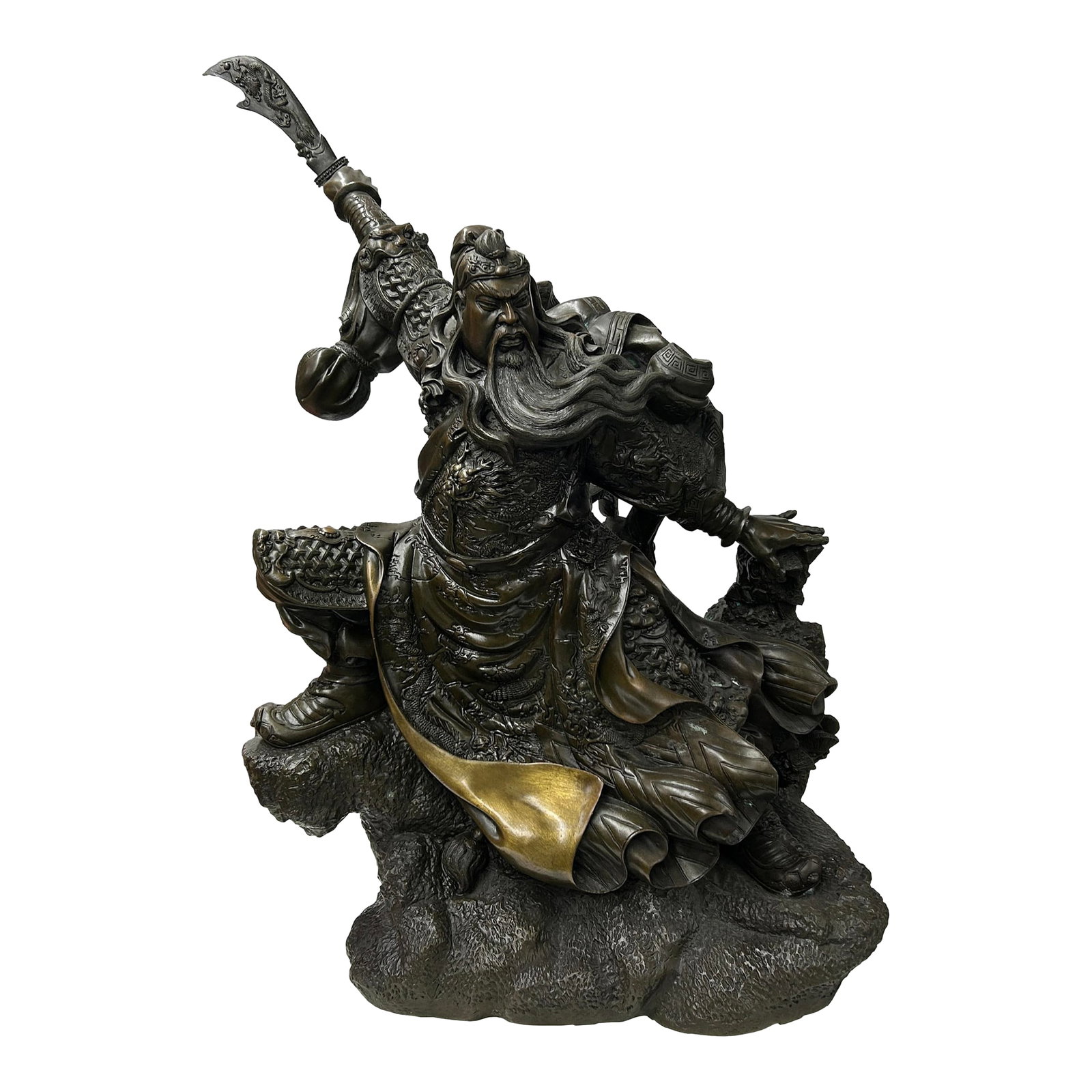 Chinese Metal Bronze General Quan Yu Holding Long Knife Statue: This is a detailed, dynamic bronze statue depicting Guan Yu (also known as Guan Gong), the famous general from the Three Kingdoms period of China, who is revered as a deity of war, wealth, and righteo
