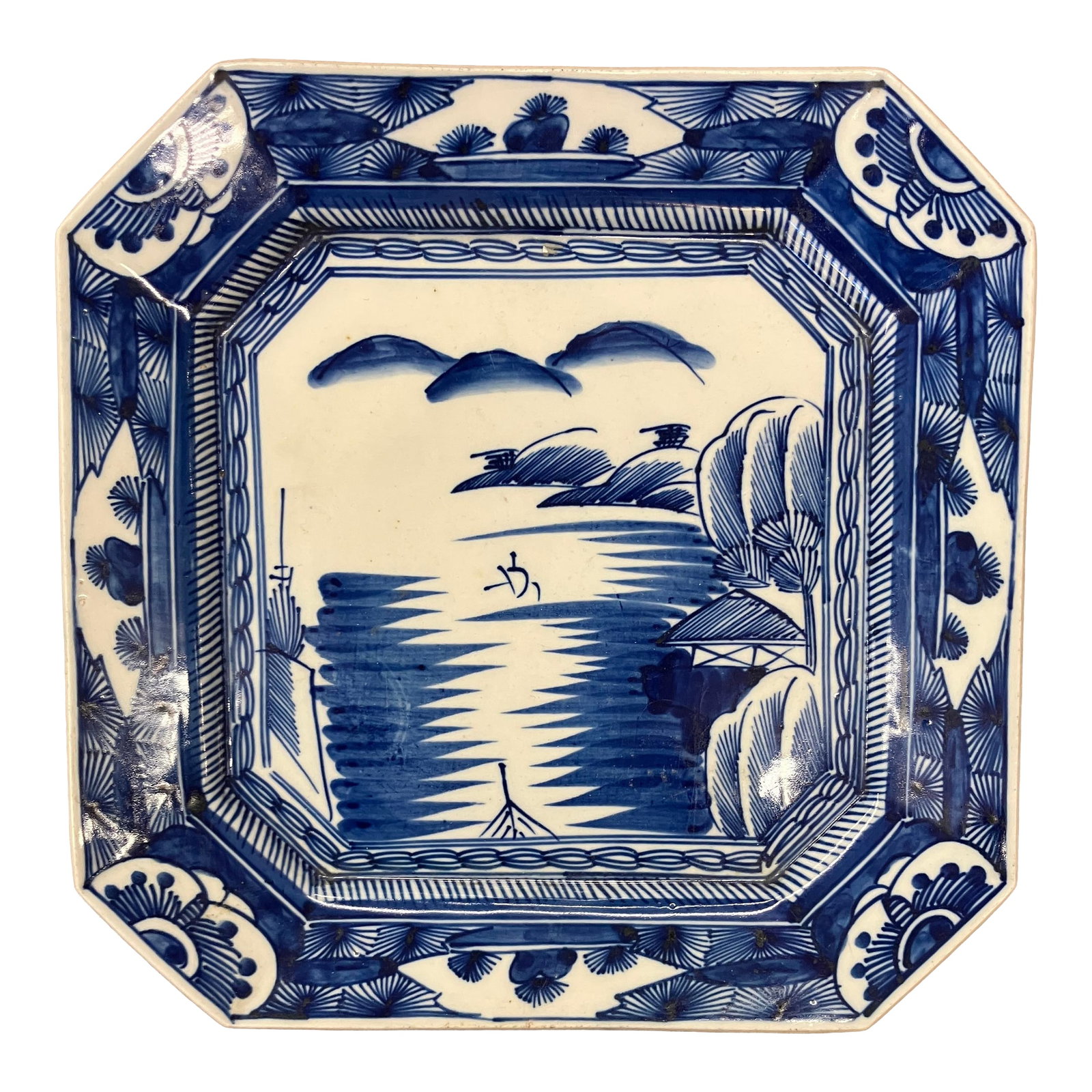 Arita Amari Blue on White Charger Japanese 20th Century: square plate with cut angled corners blue and white pastoral landscape scene Arita Imari blue is iconic Japanese porcelain from Arita town, famous for its vibrant cobalt blue underglaze (often with re