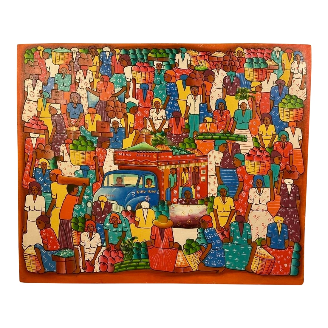 1970s Haitian Folk Art Market Scene Painting, Signed Frantz: Very nice vintage Haitian Folk Art, unique. A true representation of the culture and traditions of Haiti, would be a great add to any art collection. Purchased in 1970's this brightly colored acrylic