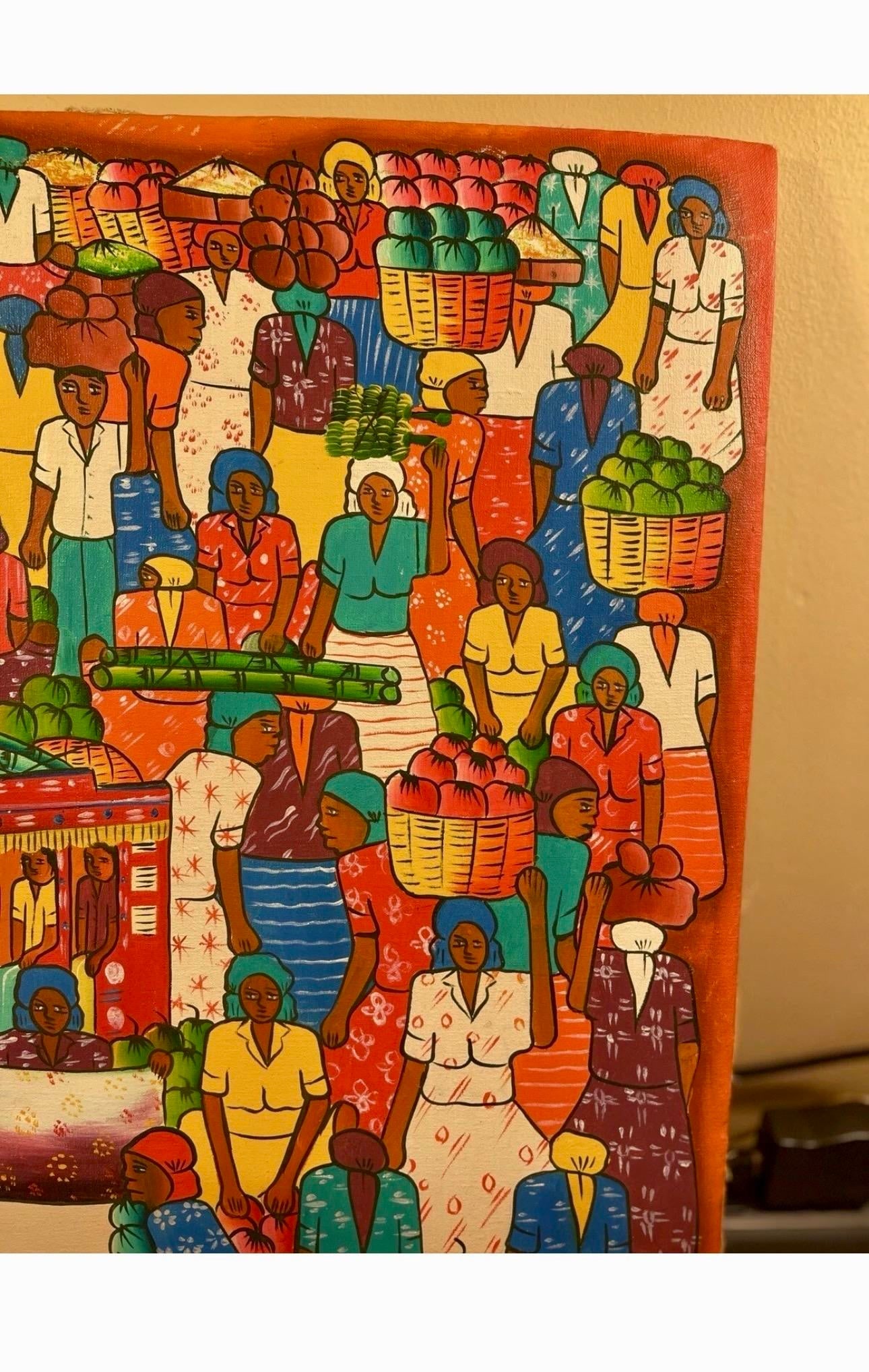 1970s Haitian Folk Art Market Scene Painting, Signed Frantz - 2