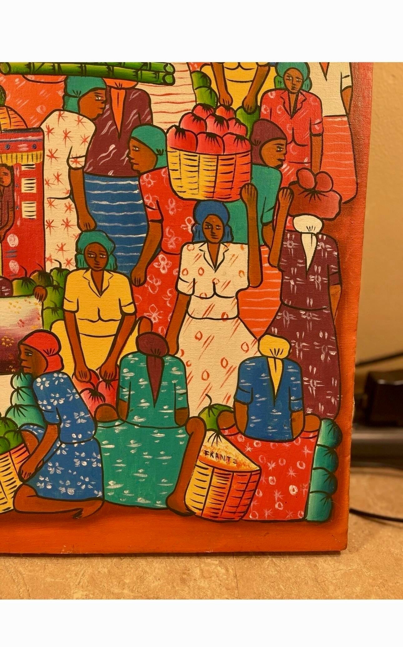 1970s Haitian Folk Art Market Scene Painting, Signed Frantz - 4