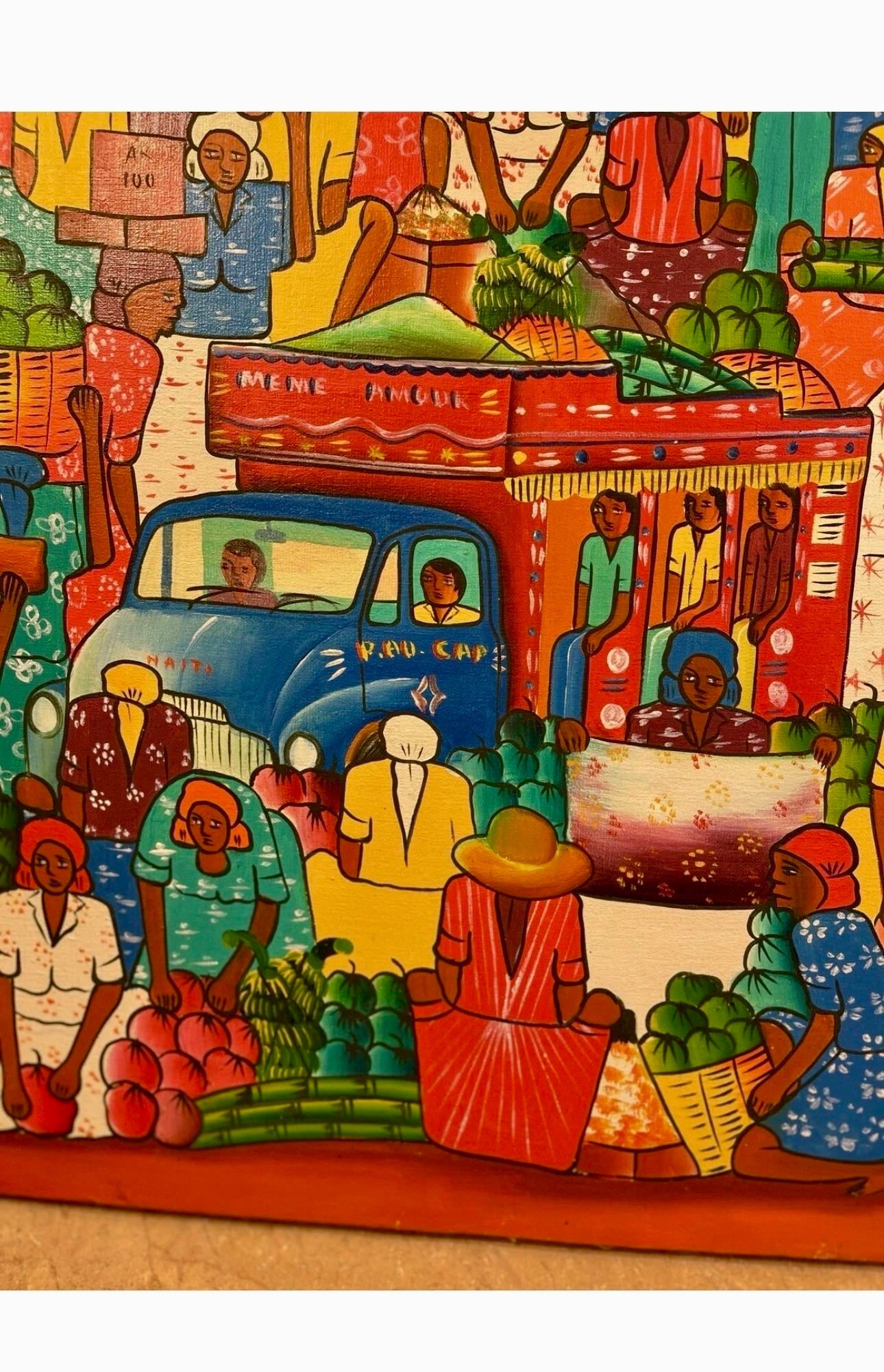 1970s Haitian Folk Art Market Scene Painting, Signed Frantz - 6