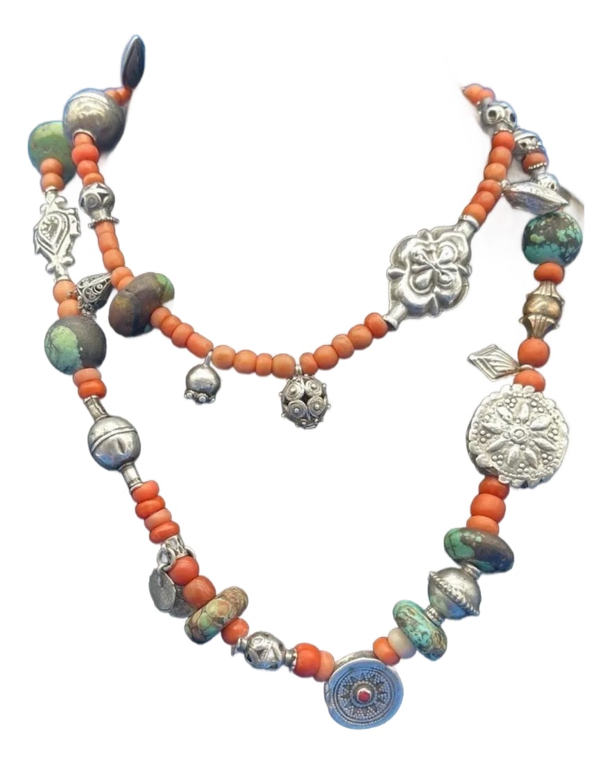 Antique Tajik/Uzbek Necklace and Ring Set. Central Asian Jewelry: Rare Antique Central Asian Tajik/Uzbek Tribal Necklace. Traditional Central Asian Ancient Jewelry. Beautiful elaborate silver work is showcased here along with coral beads and turquoise. A stunning