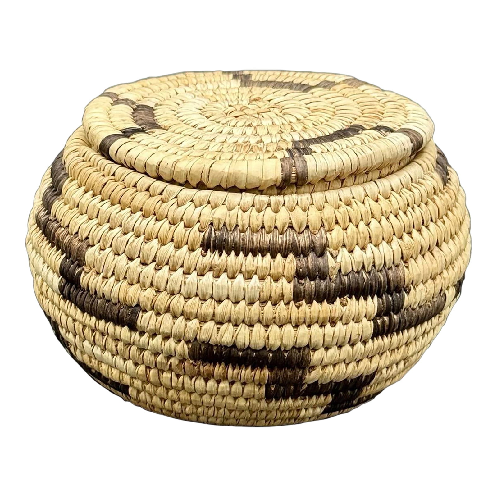 1930s Native American Papago Style Hand Woven Lidded Coil Basket. Tohono O'odham Style: Beautiful small early 20th century basket crafted in the Native America's Tohono O'odham people style, the native people were formally known as Papago, in the Sonoran Desert of Arizona and Mexico.