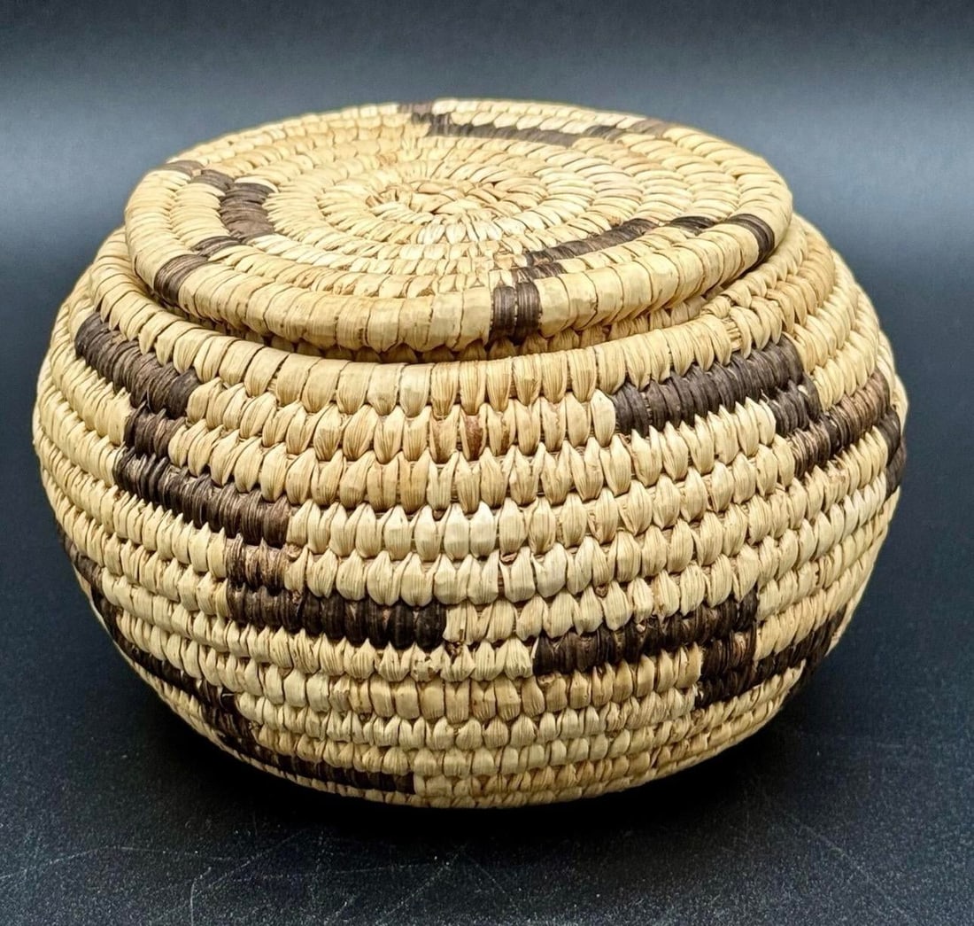 1930s Native American Papago Style Hand Woven Lidded Coil Basket. Tohono O'odham Style - 4