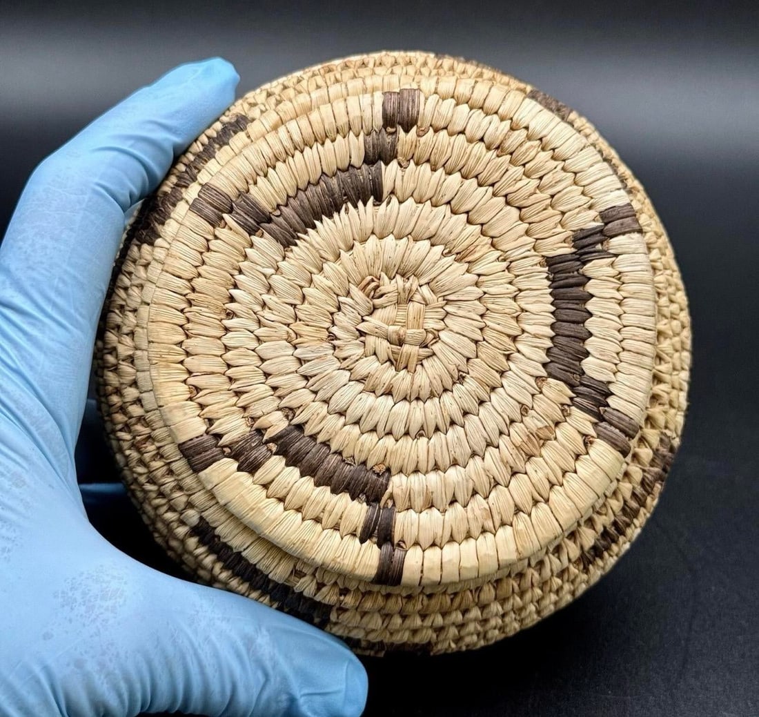 1930s Native American Papago Style Hand Woven Lidded Coil Basket. Tohono O'odham Style - 7