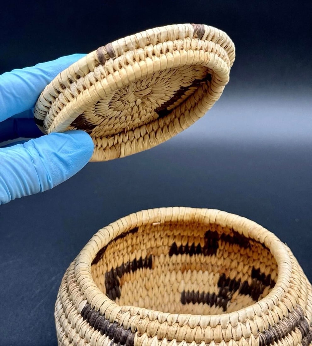 1930s Native American Papago Style Hand Woven Lidded Coil Basket. Tohono O'odham Style - 8