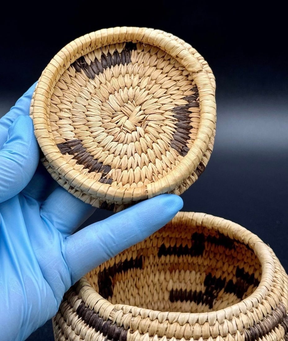 1930s Native American Papago Style Hand Woven Lidded Coil Basket. Tohono O'odham Style - 9