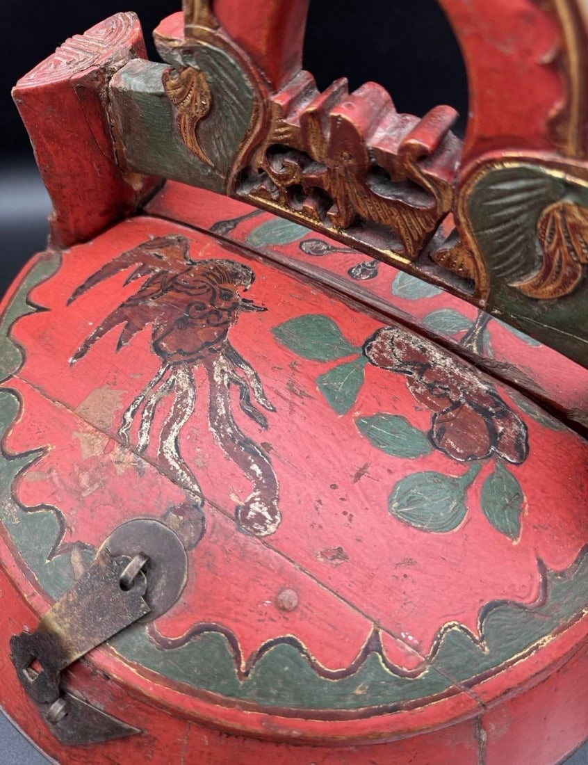 Antique Chinese Red Laquer Wedding Basket - 10