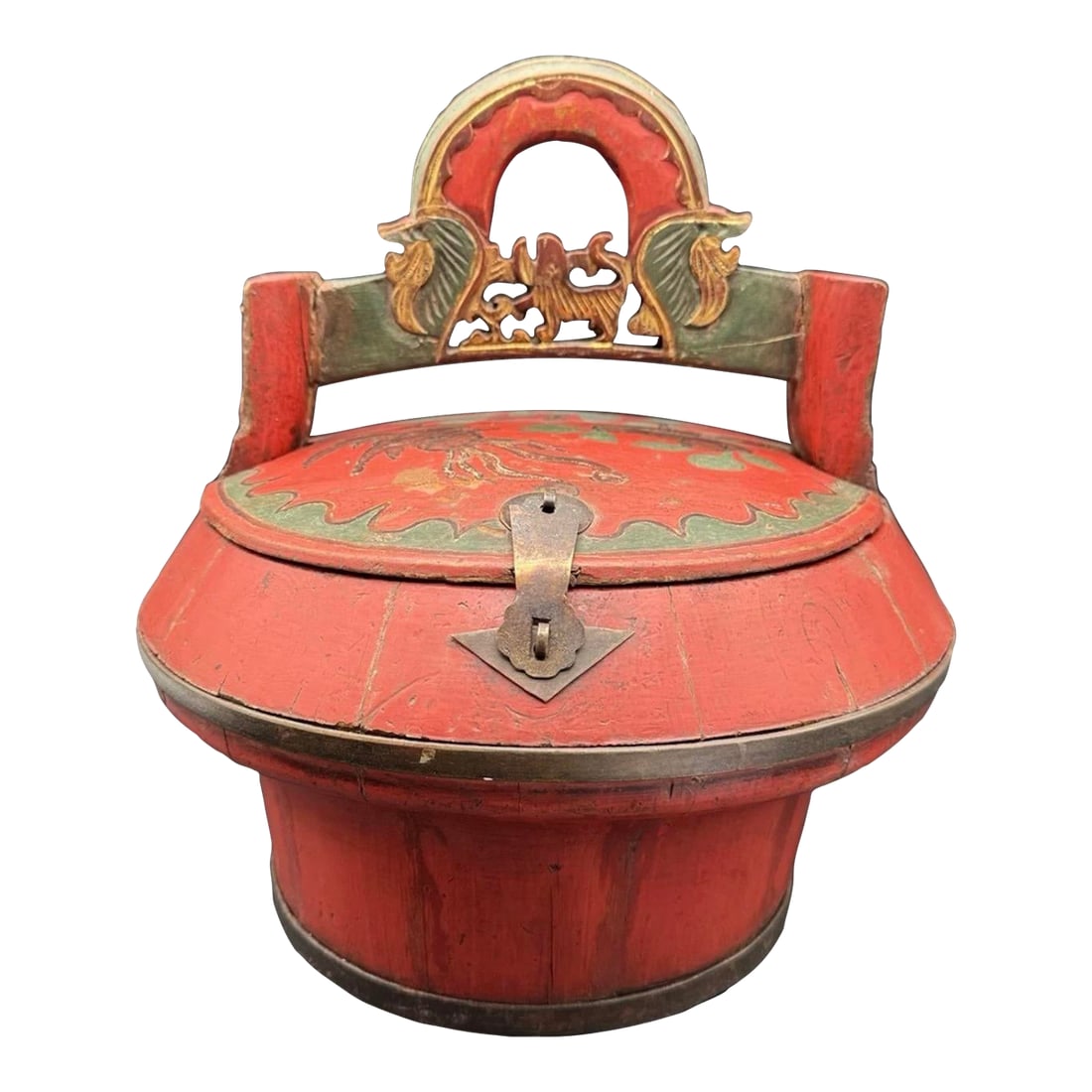 Antique Chinese Red Laquer Wedding Basket: Beautiful bright Antique Chinese red wedding or betrothal basket. These lidded baskets, typically red lacquered, historically were used to carry dowry gifts, food, and other items between the