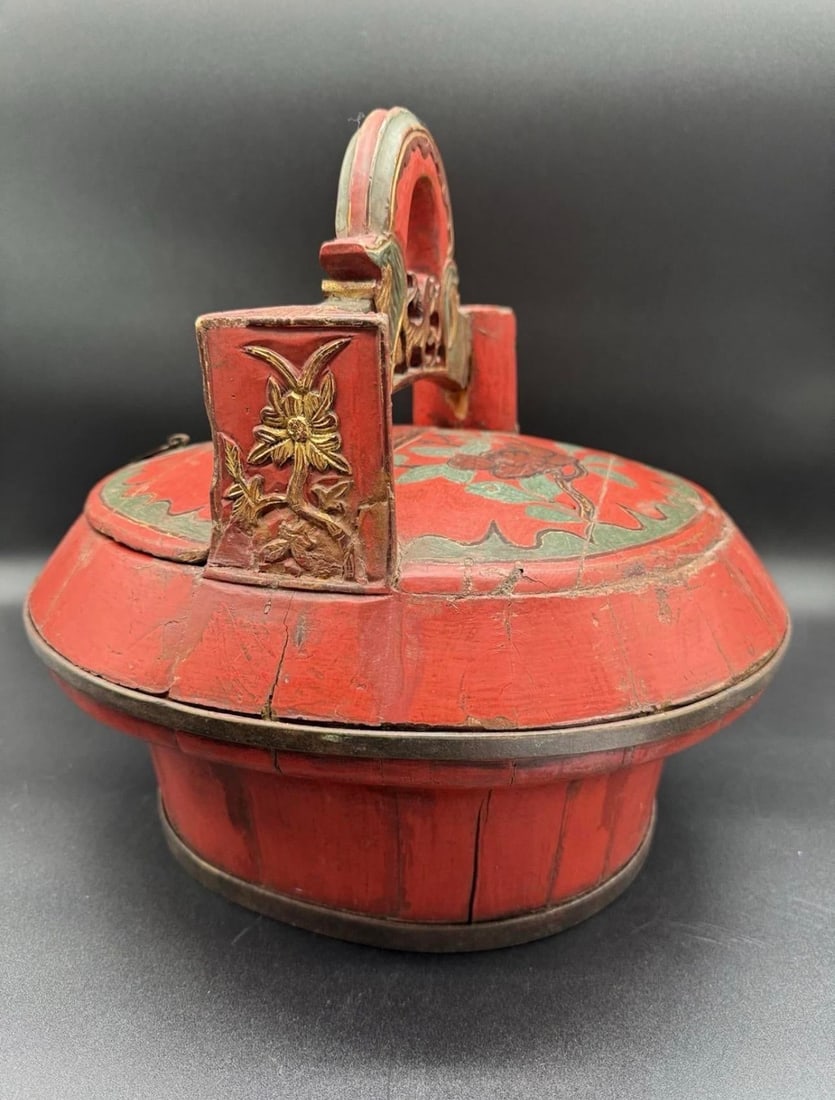 Antique Chinese Red Laquer Wedding Basket - 8