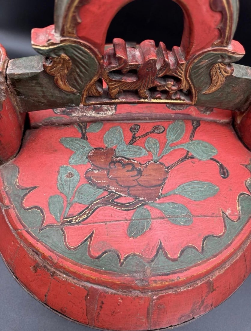 Antique Chinese Red Laquer Wedding Basket - 9