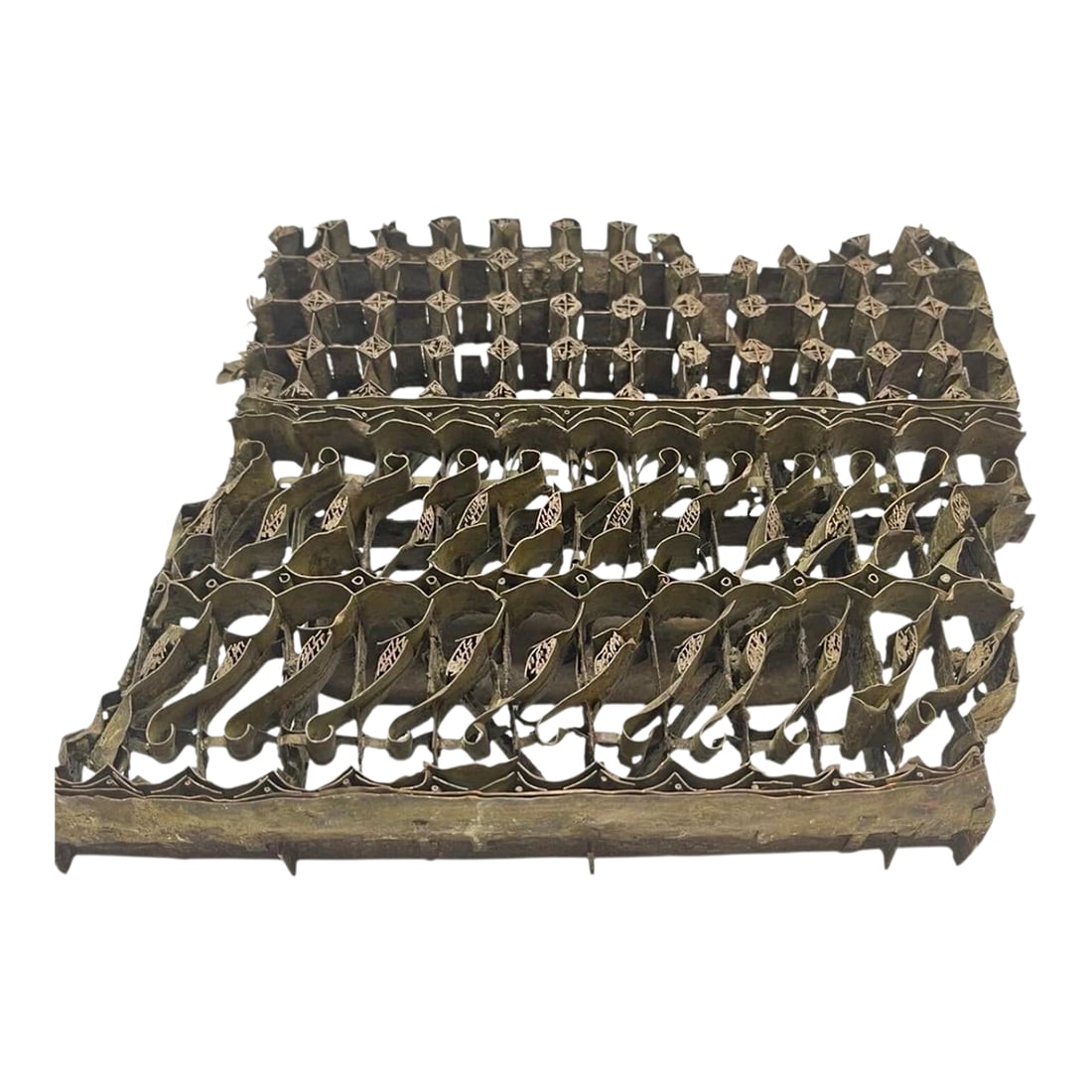 Antique Indonesian Copper Batik Textile Stamp, Tjap: Antique Indonesian copper batik textile stamp. Rare Tjap pattern stamp. These stamps are traditionally used in the Indonesian batik process, to dip in molten wax and press onto the fabric, creating a