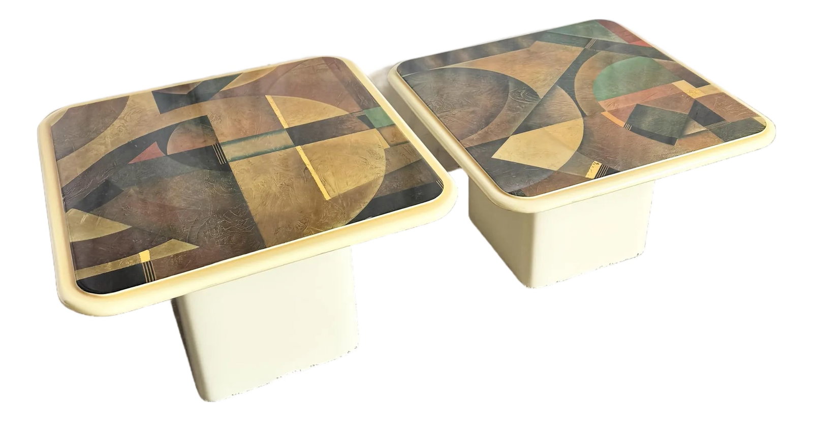 Art Deco Epoxy Top Abstract Square Nesting Tables - Set of 2: This striking pair of vintage Art Deco nesting tables features bold abstract epoxy tops layered with rich geometric forms and warm earth-toned coloration. The graphic compositions recall classic Deco