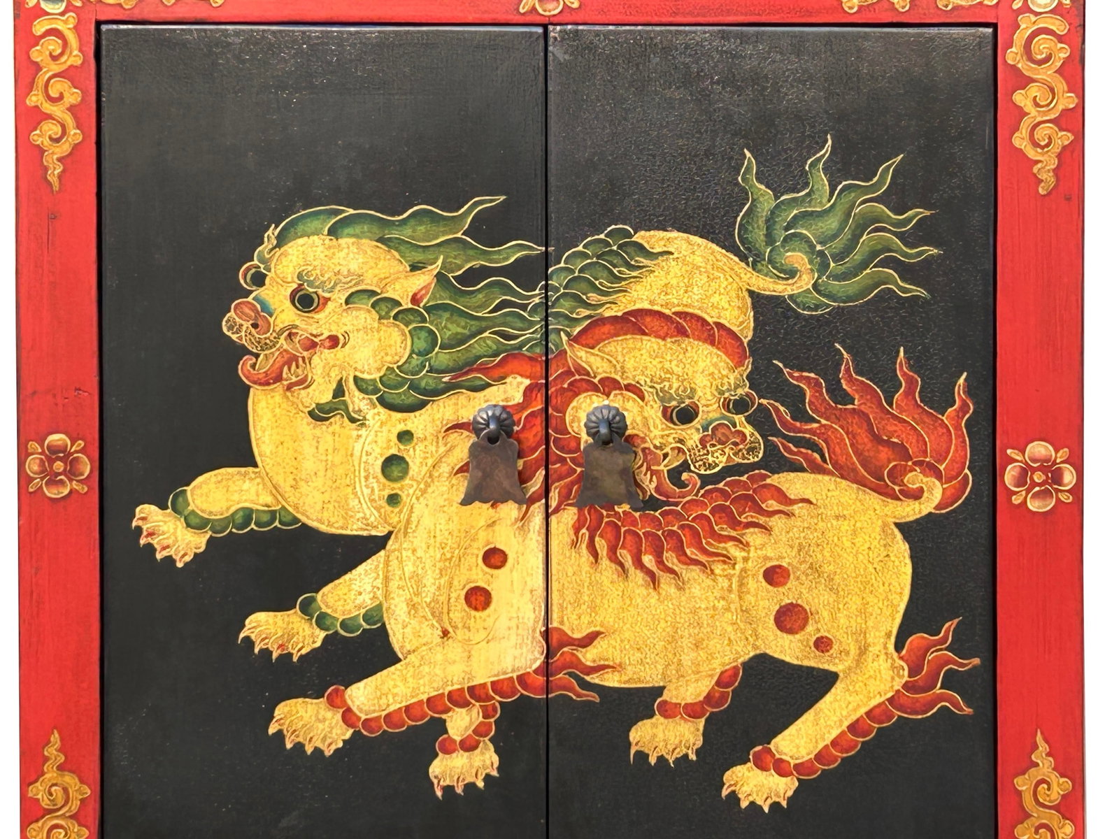 Tibetan Oriental Black Red Foo Dogs Lions End Table Nightstand - 13
