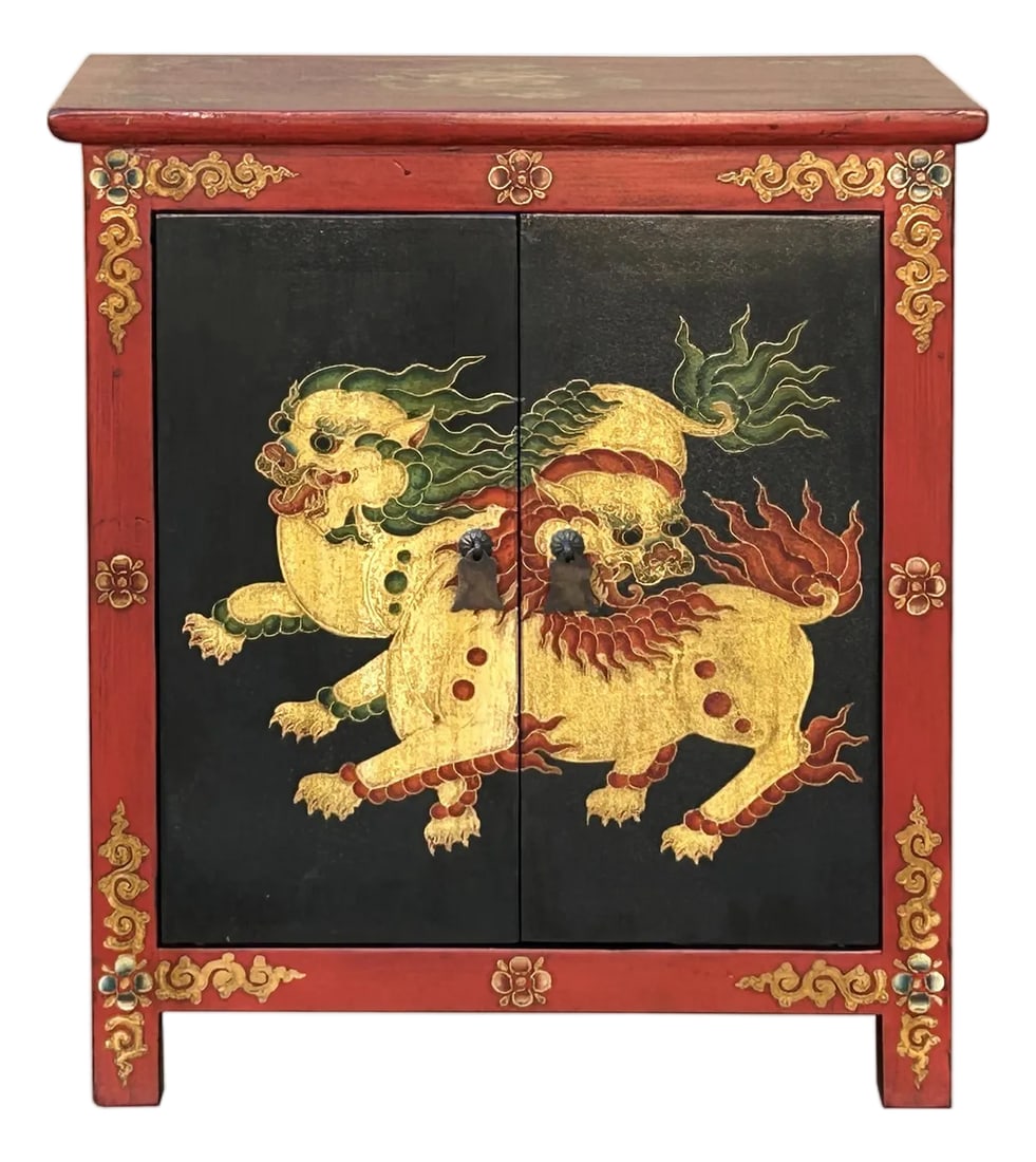 Tibetan Oriental Black Red Foo Dogs Lions End Table Nightstand: Add a bold statement of Eastern artistry to your home with this vibrant, hand-painted Tibetan nightstand or accent cabinet. Featuring striking depictions of mythical snow lions against a dramatic blac