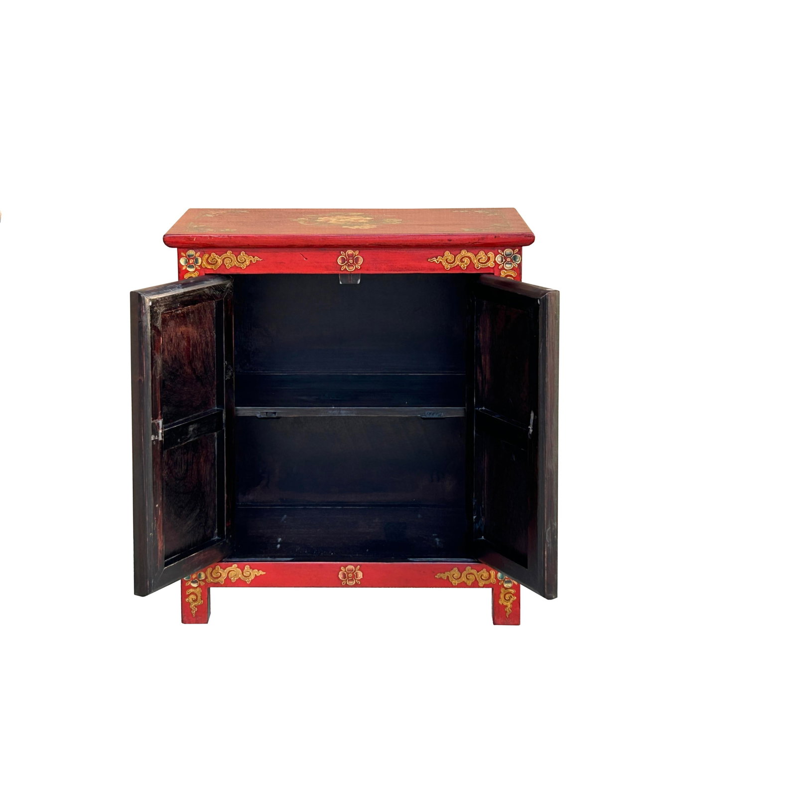 Tibetan Oriental Black Red Foo Dogs Lions End Table Nightstand - 4