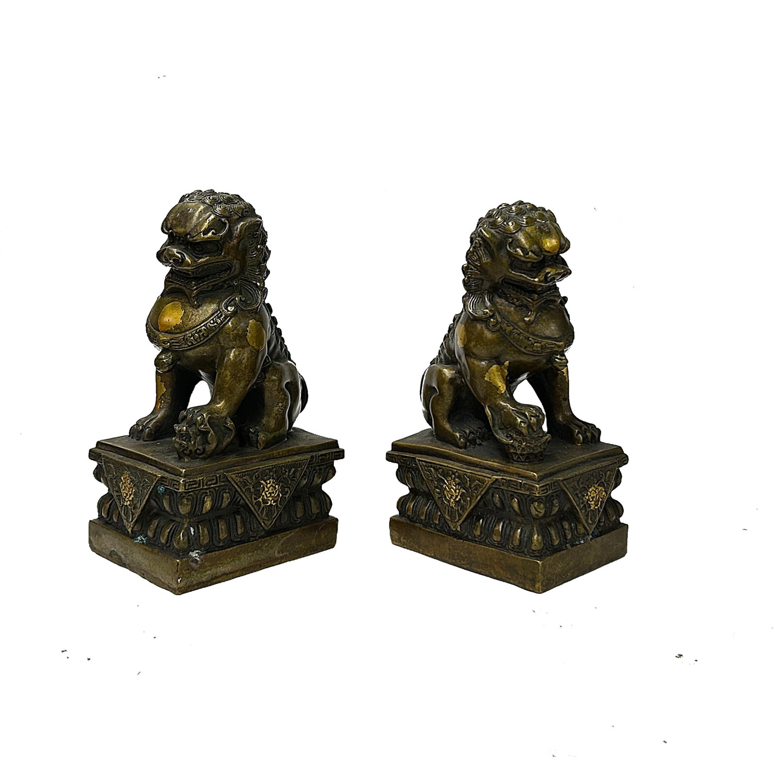 Pair Vintage Copper Color Metal Rustic Fengshui Foo Dog Lions Figures - 5