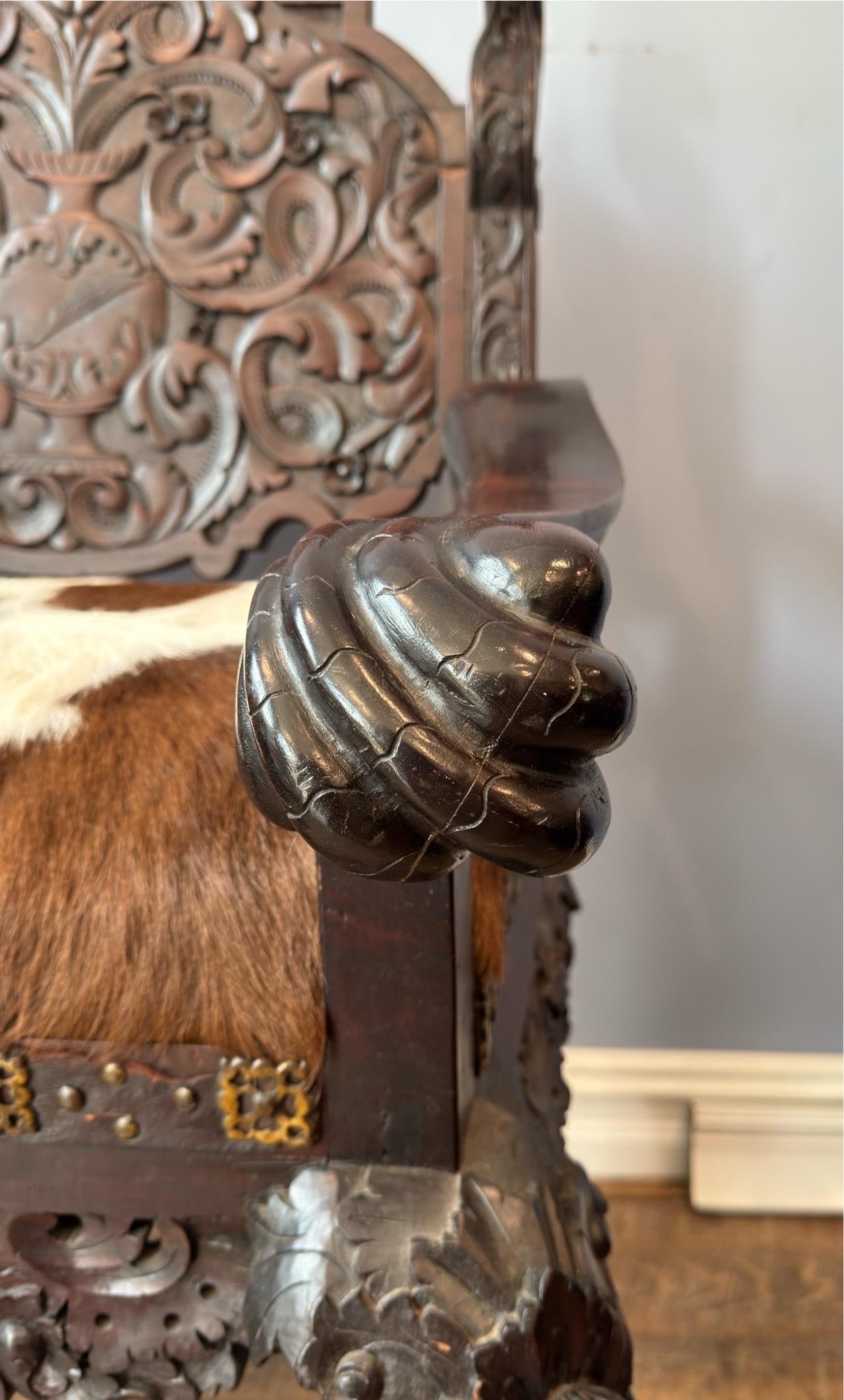 Antique Renaissance Revival Carved Walnut Throne Chair, Cowhide Seat - 11