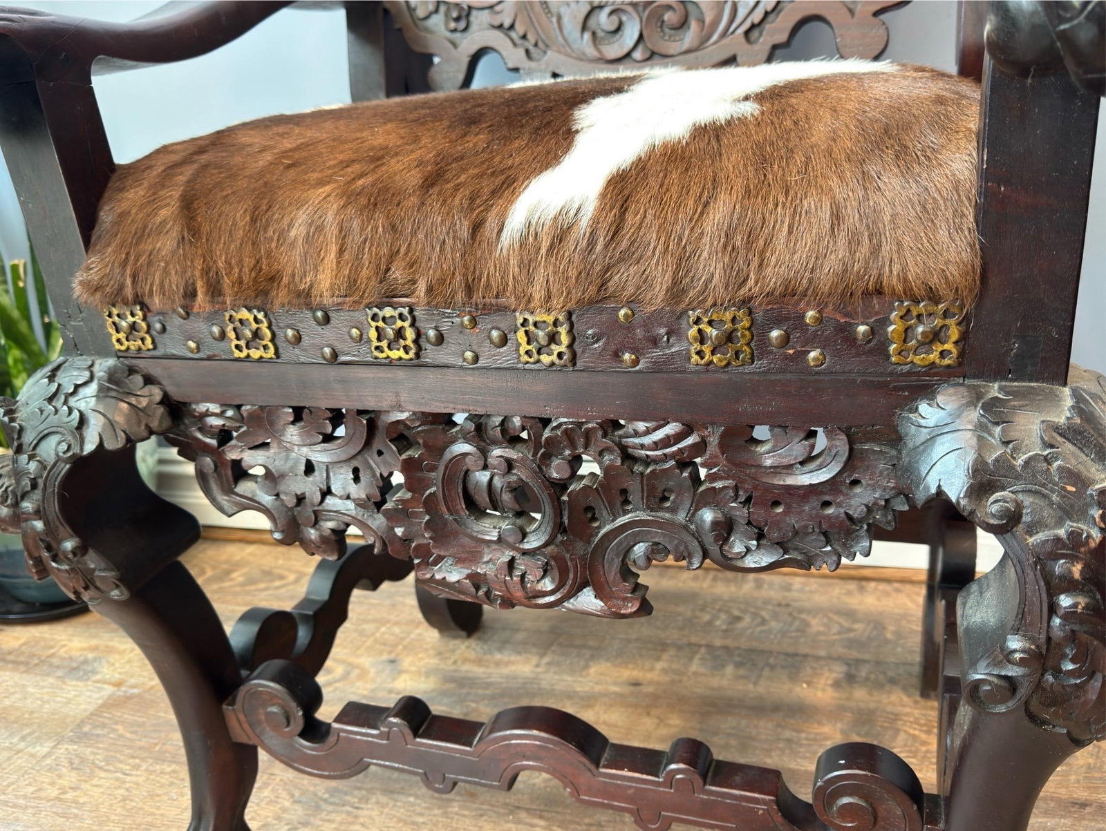 Antique Renaissance Revival Carved Walnut Throne Chair, Cowhide Seat - 12
