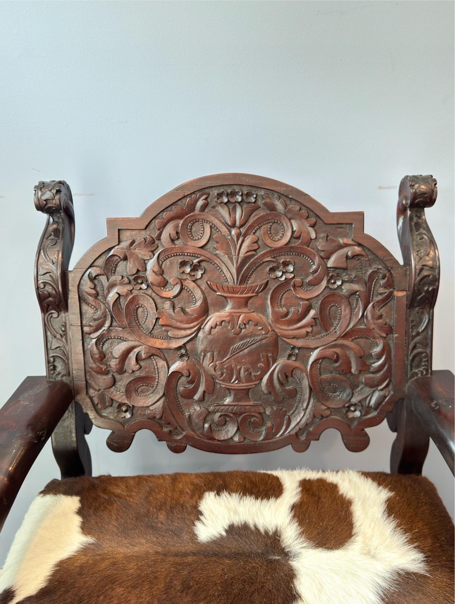Antique Renaissance Revival Carved Walnut Throne Chair, Cowhide Seat - 13