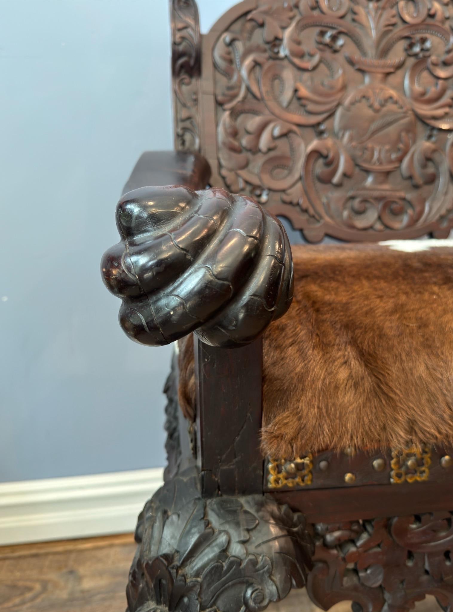 Antique Renaissance Revival Carved Walnut Throne Chair, Cowhide Seat - 14