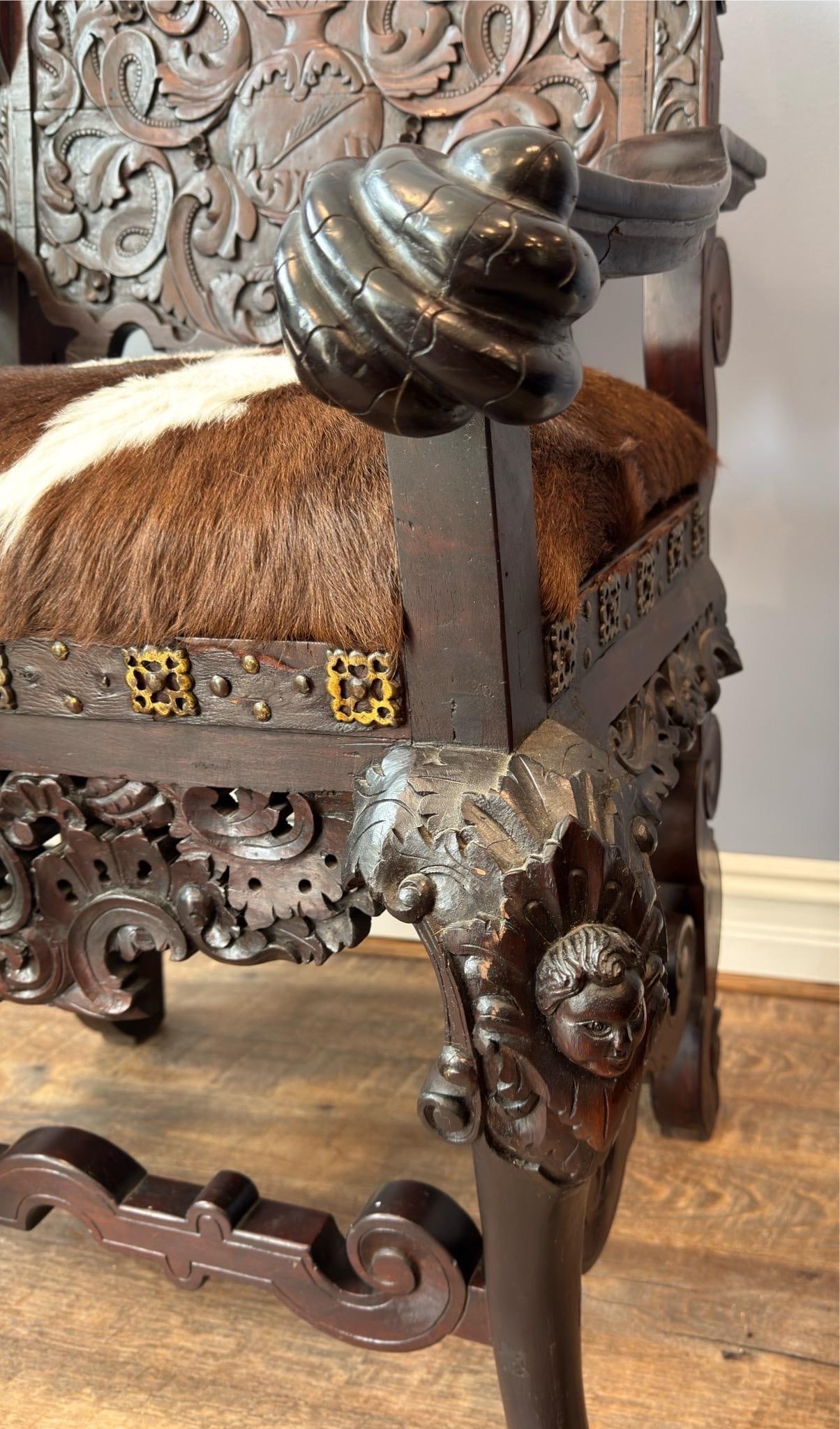 Antique Renaissance Revival Carved Walnut Throne Chair, Cowhide Seat - 15