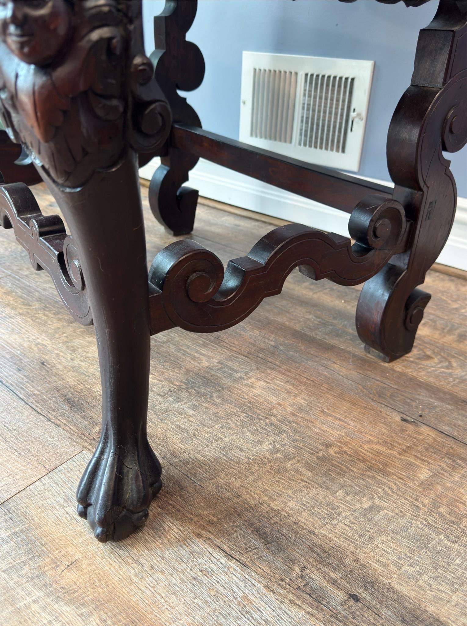 Antique Renaissance Revival Carved Walnut Throne Chair, Cowhide Seat - 17