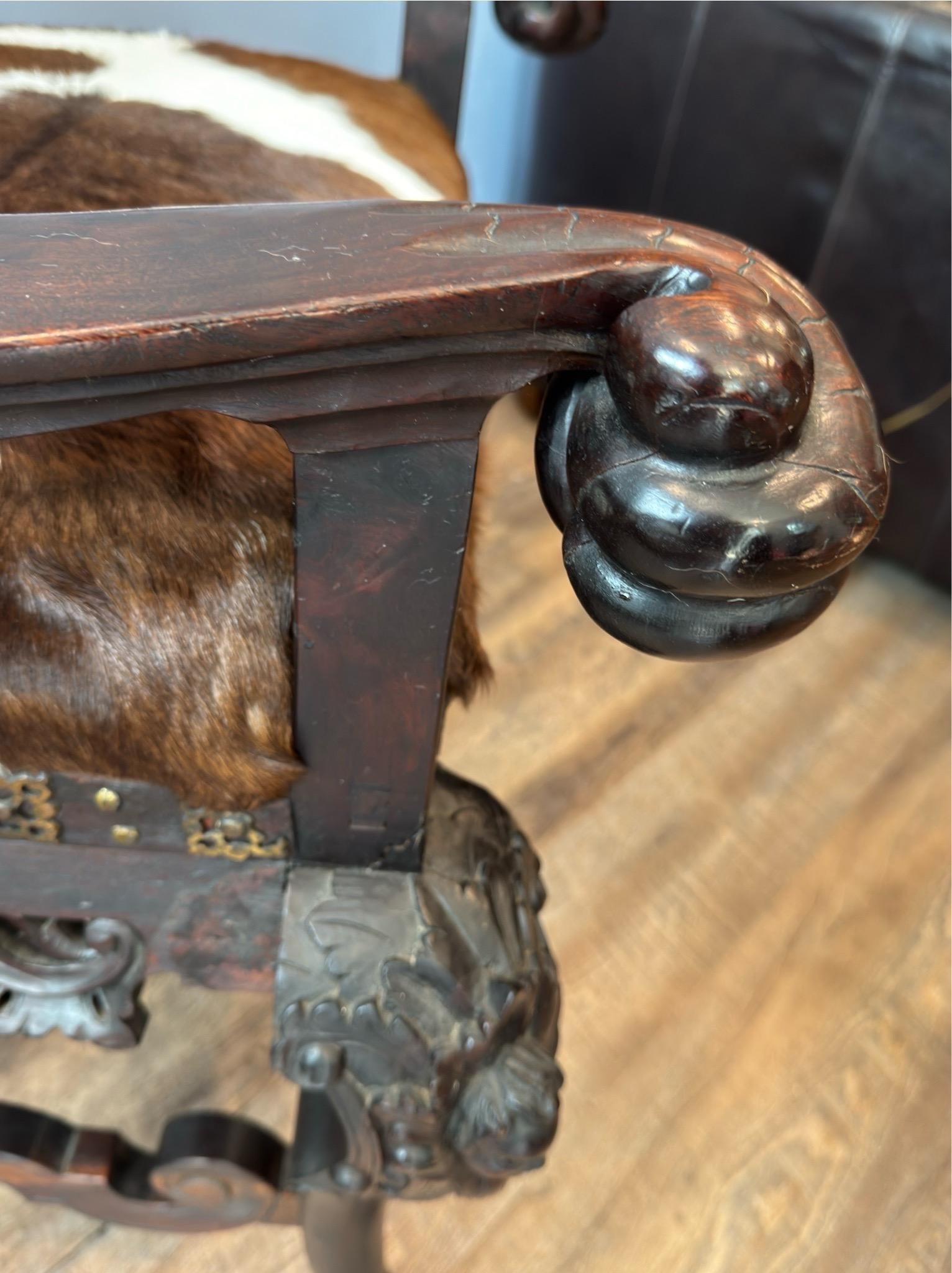 Antique Renaissance Revival Carved Walnut Throne Chair, Cowhide Seat - 2