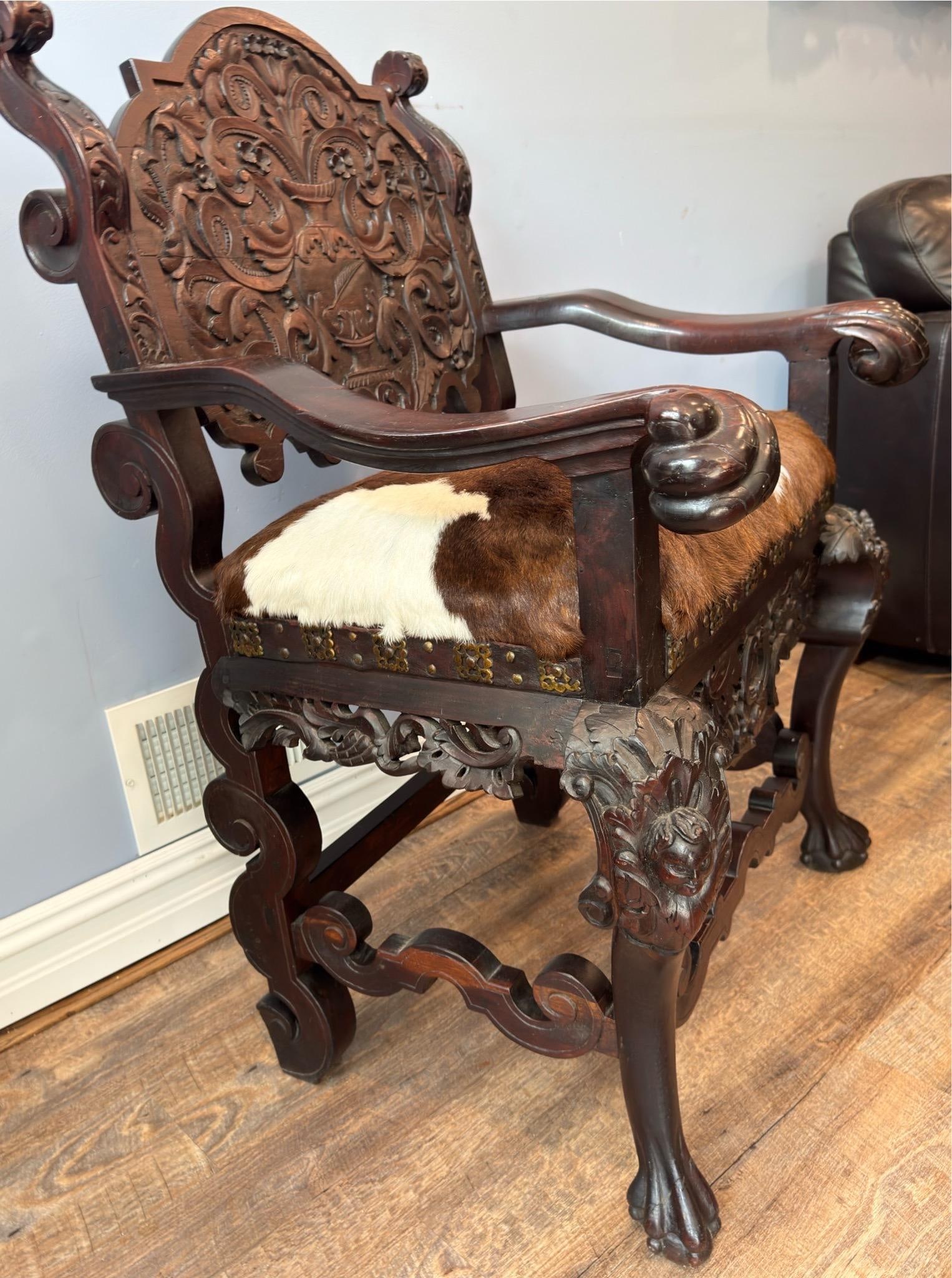 Antique Renaissance Revival Carved Walnut Throne Chair, Cowhide Seat - 3