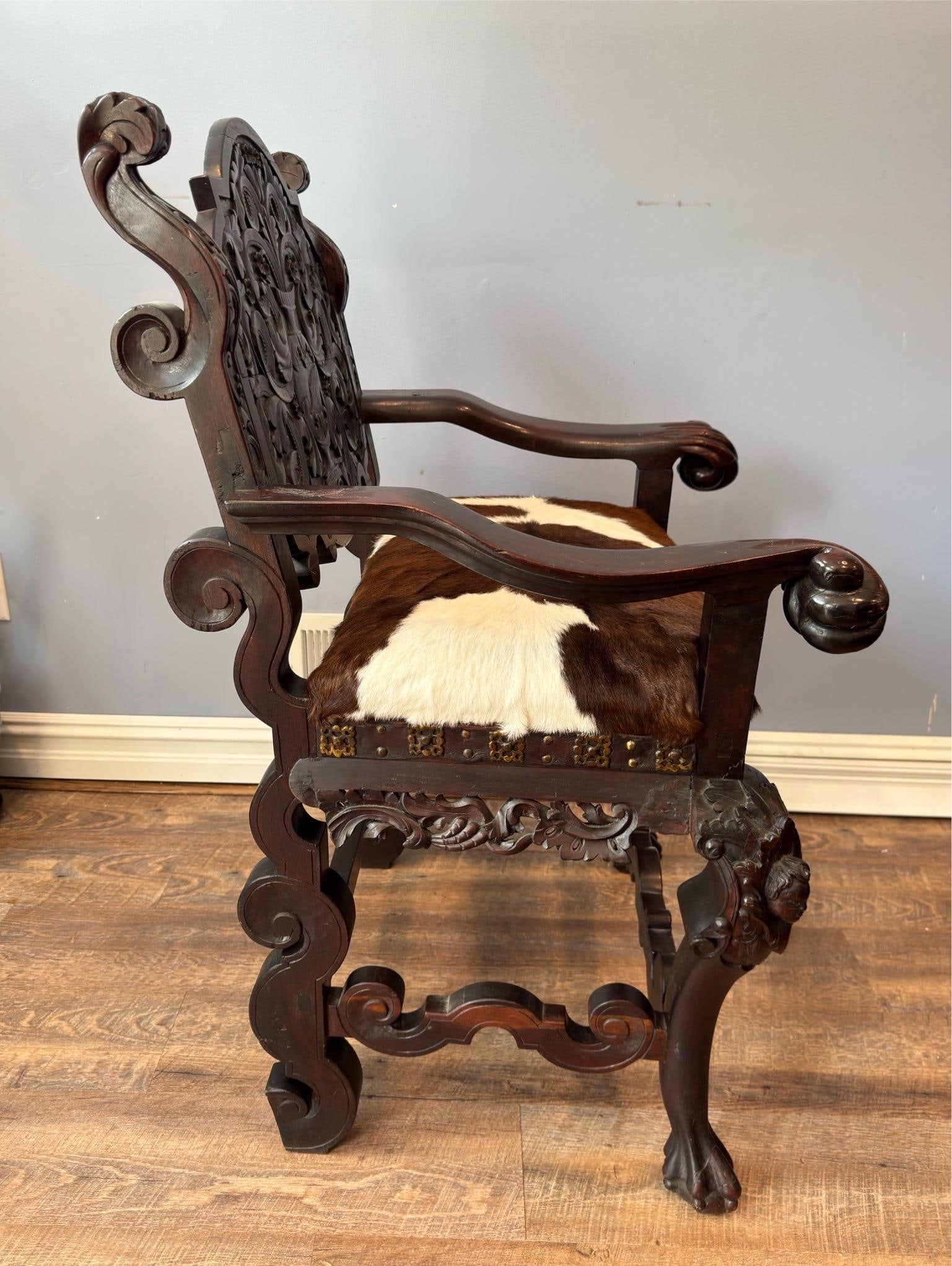 Antique Renaissance Revival Carved Walnut Throne Chair, Cowhide Seat - 4