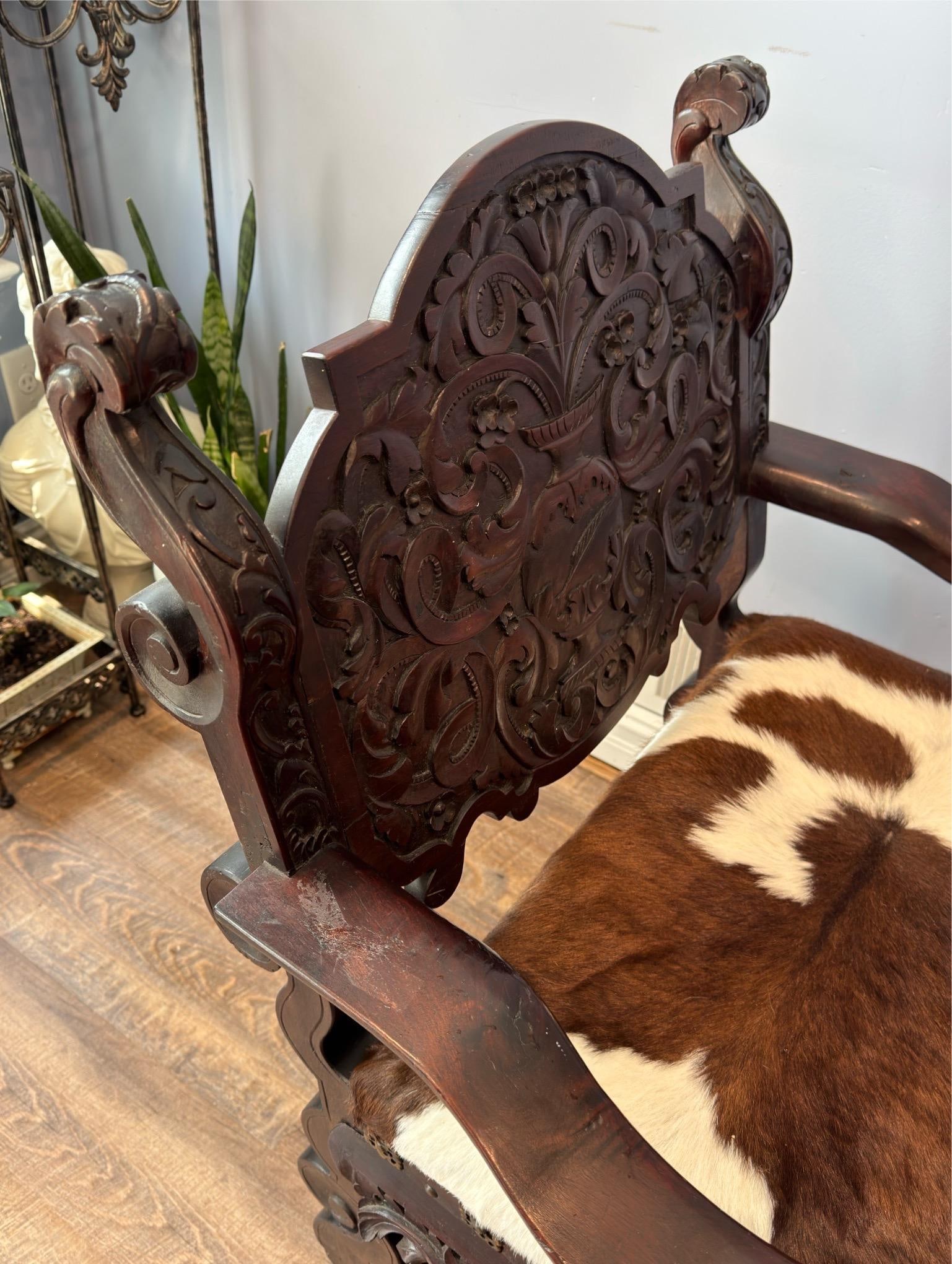 Antique Renaissance Revival Carved Walnut Throne Chair, Cowhide Seat - 5
