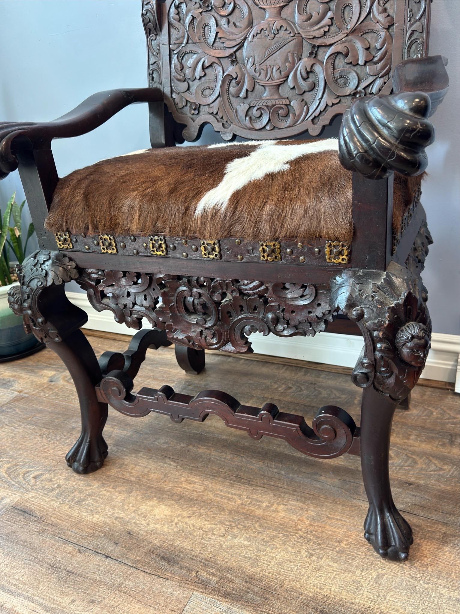 Antique Renaissance Revival Carved Walnut Throne Chair, Cowhide Seat - 6